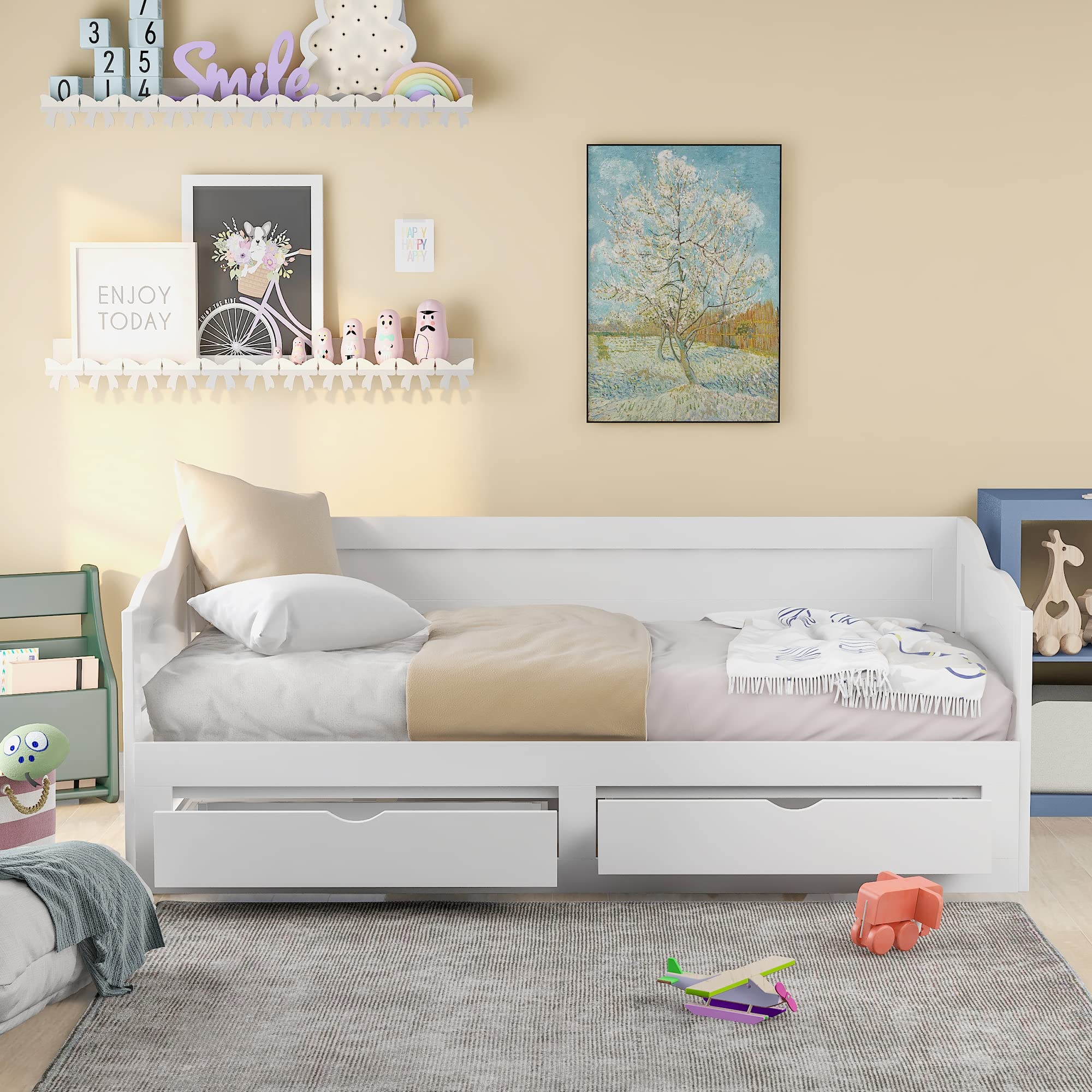 Extendable Twin Daybed with Trundle and Storage Drawers - White Wooden Sofa Bed Frame (No Box Spring Needed) - Perfect for Guest Rooms, Small Spaces & Dorm Rooms