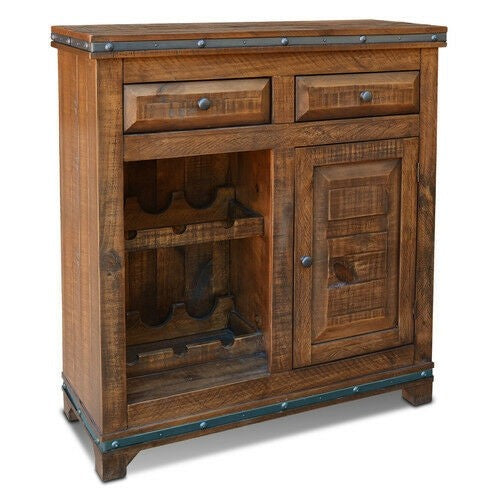Solid Wood Bar Cabinet with Wine Rack - 100cm Brown Sideboard for Home Bar, Dining Room & Living Room Storage | Earth Industrial Rustic Furniture