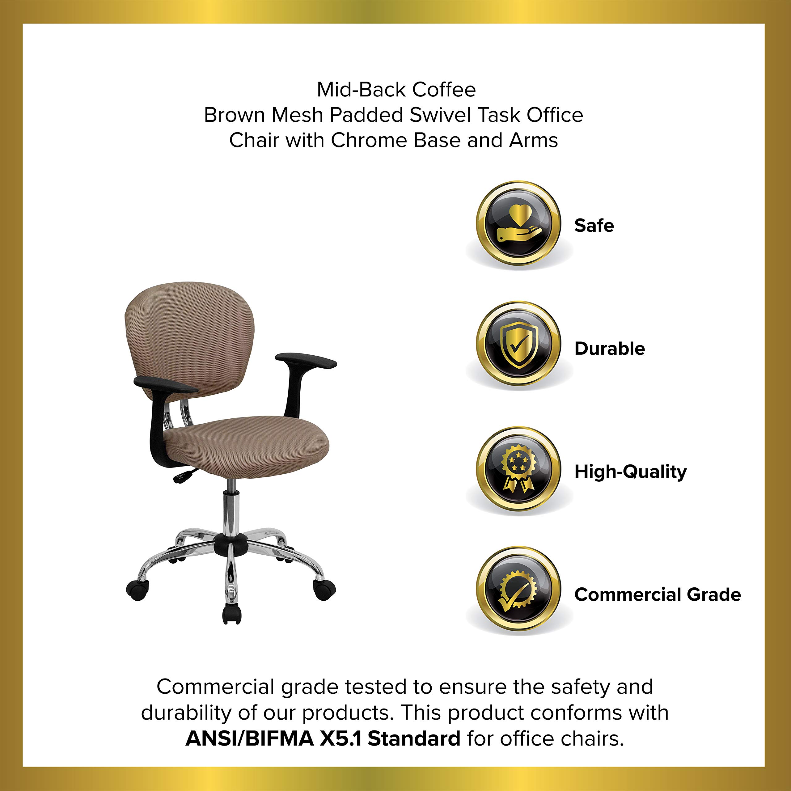 Ergonomic Mid-Back Coffee Brown Mesh Office Chair with Padded Seat & Adjustable Arms - Perfect for Home Office, Gaming & Workspace Comfort