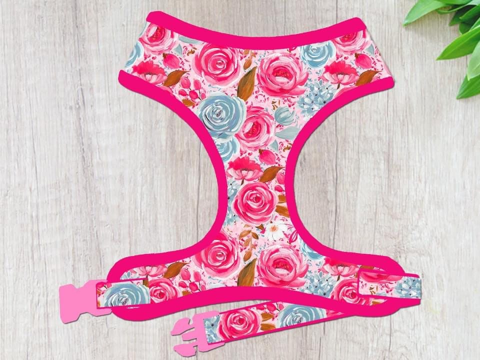 Pink Watercolor Rose Dog Harness - Adjustable Pet Walking Vest for Small Medium Dogs - Perfect for Outdoor Walks, Hiking & Training