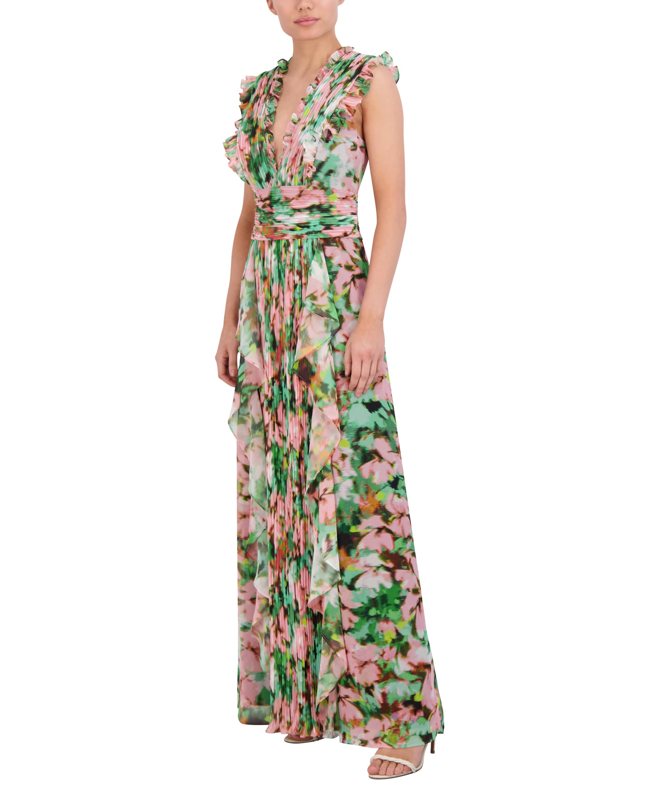 BCBGMAXAZRIA Women's Sleeveless V-Neck Pleated Ruffle Maxi Dress - Elegant Formal Gown for Weddings, Galas & Special Occasions