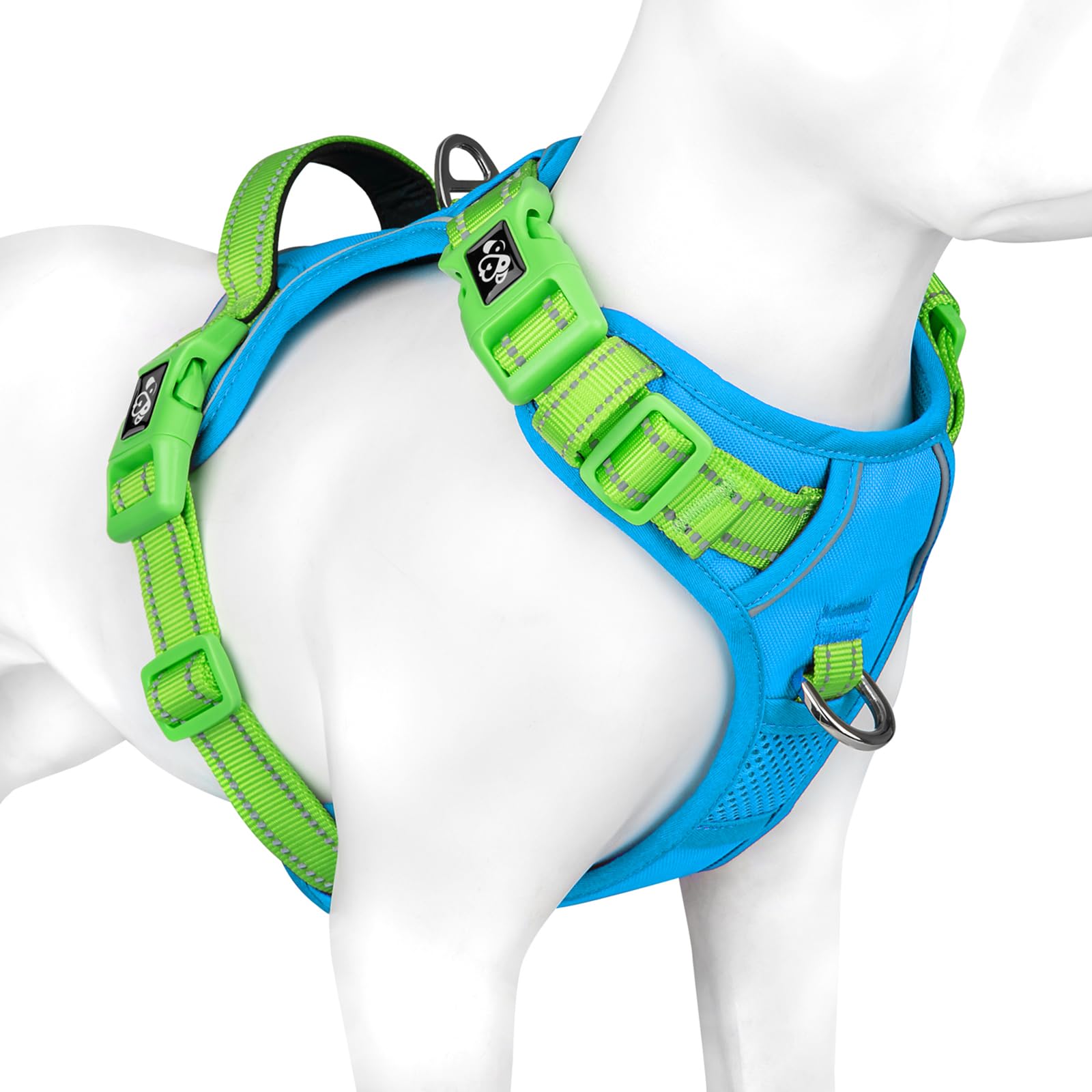 PHOEPET No Pull Dog Harness - Reflective Adjustable Dog Vest with Soft Training Handle & Metal Clips | Small/Medium/Large Dogs | Blue Base & Green Straps | Perfect for Walking, Training & Nighttime Safety