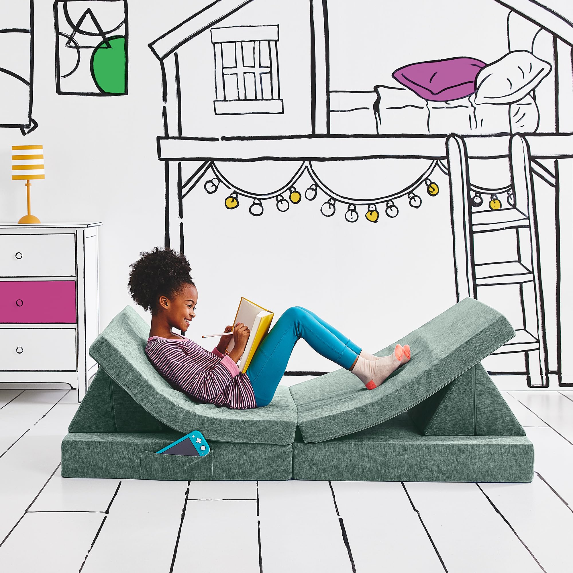 Yourigami Kids Play Couch - Convertible Toddler Sofa with Durable Foam Modular Design in Green Meadows | Foldable Playroom Furniture for Reading Nook, Fort Building & Indoor Playtime