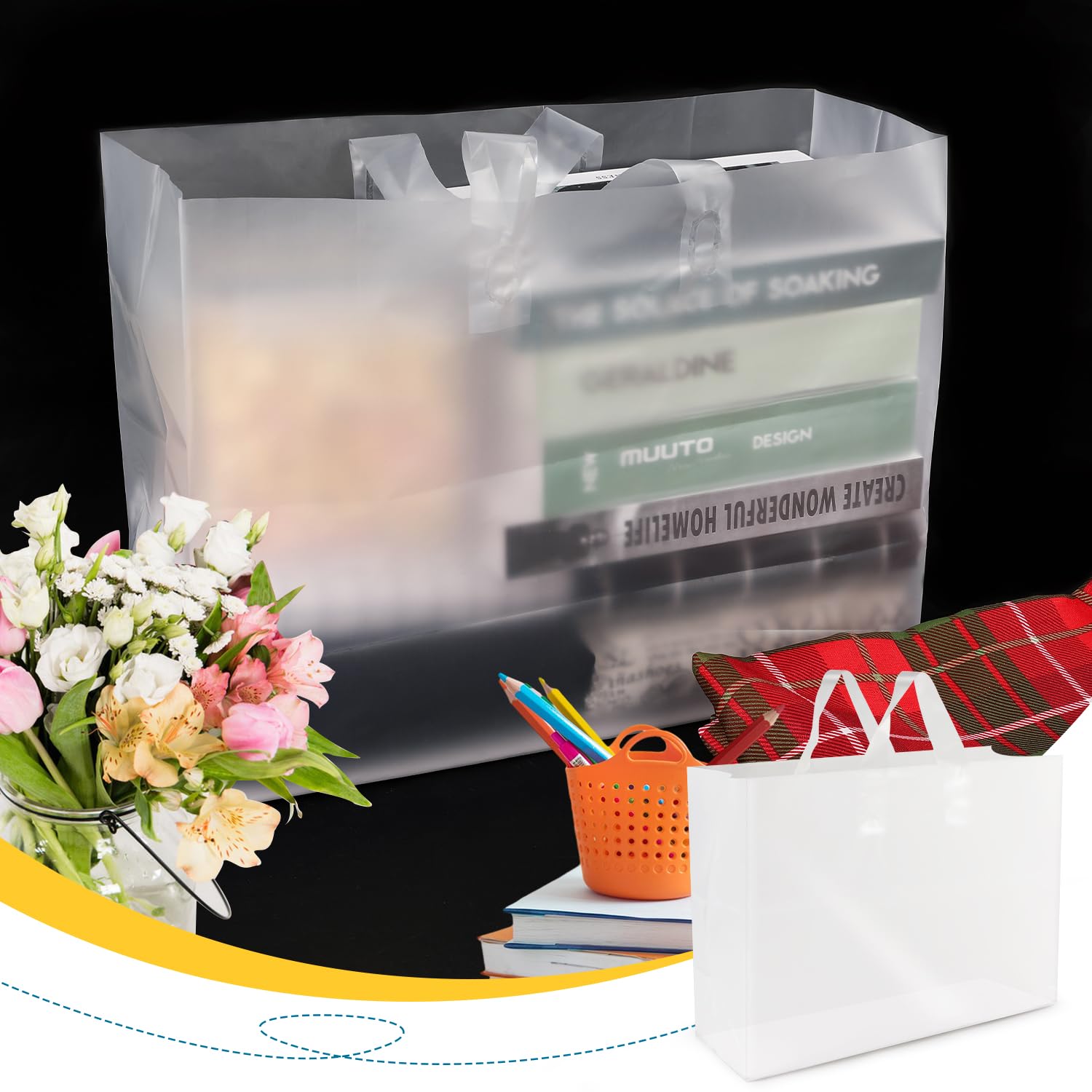 XPCARE 100 Pack Frosted Plastic Gift Bags with Handles - 16x6x12 Inches, White - Perfect for Small Business, Boutique, Retail Store, Party Favors, Wedding Gifts & Merchandise Packaging