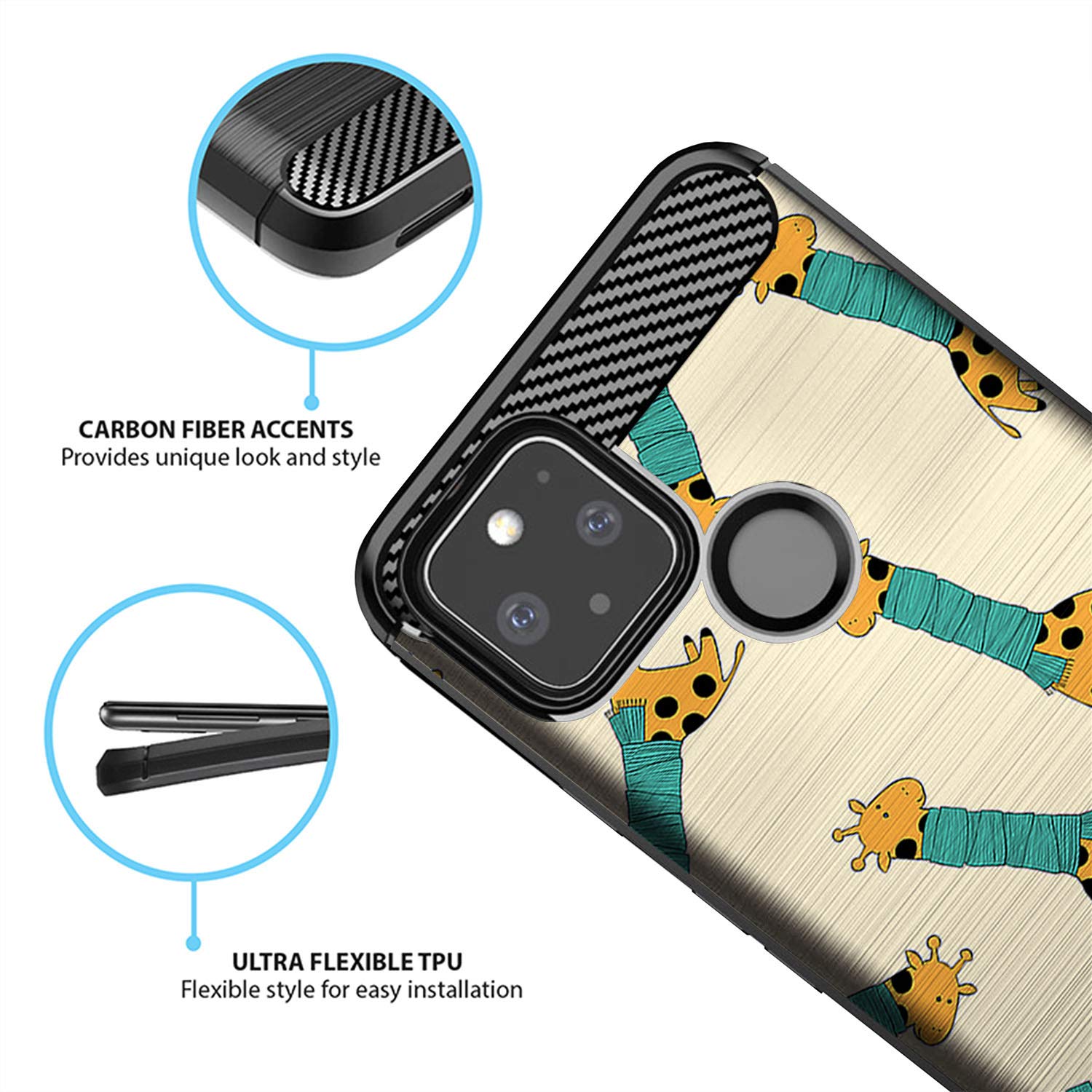 Google Pixel 5 (2020) Case | Slim Black TPU Phone Cover with Shock Protection & Giraffe Design | Compatible with 6.0