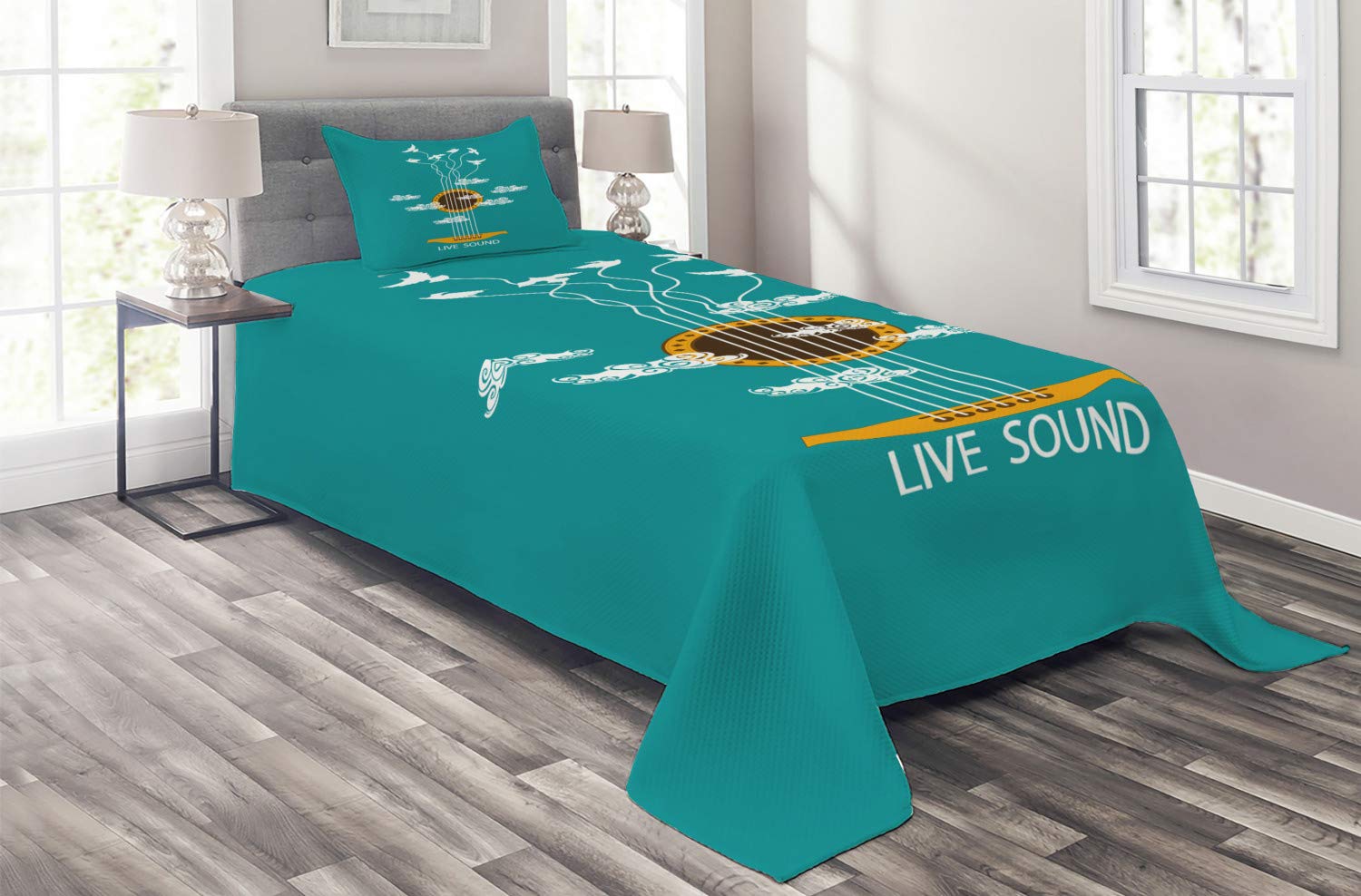 Ambesonne Twin Size Guitar Themed Quilt Set - Abstract Music Design with Birds on Strings & Clouds, 2-Piece Bedspread & Pillow Sham in Turquoise Marigold White | Perfect for Music Lovers' Bedroom Decor & Gift Ideas