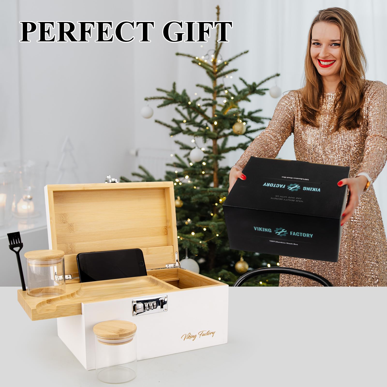 Extra Large Bamboo Gift Box with Combination Lock - Home & Office Storage Organizer for Jewelry, Keepsakes & Essentials | Decorative White Storage Box for Bedroom, Closet & Office Organization