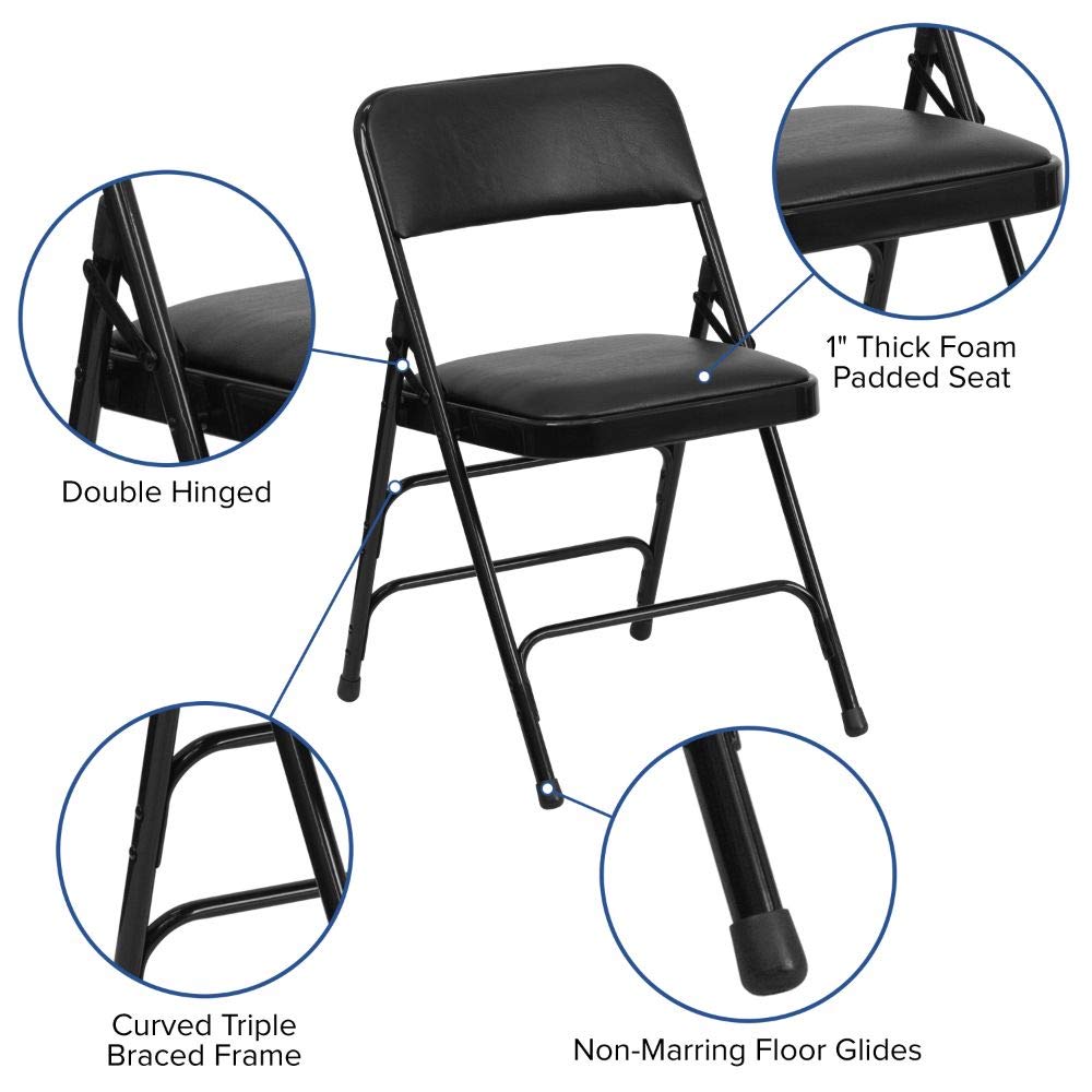 Flash Furniture HERCULES Series Metal Folding Chairs with Padded Seats - Set of 2 Black Heavy Duty Stackable Chairs for Events, Parties, Weddings & Home Use