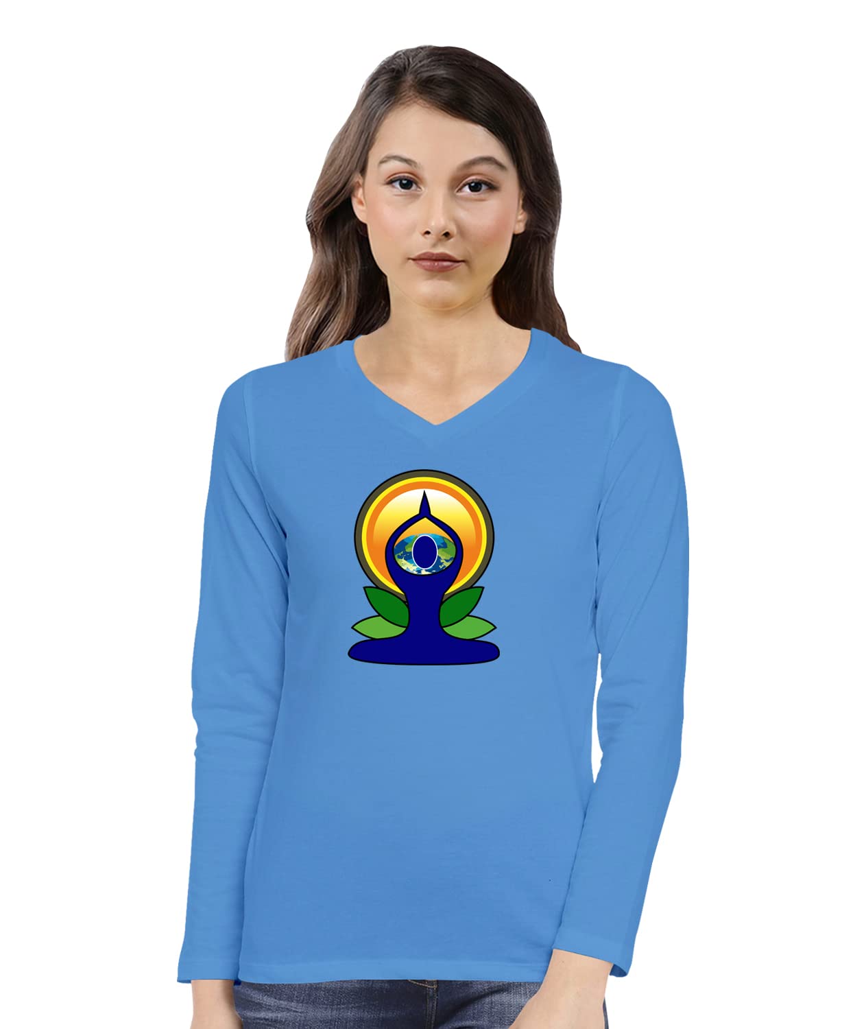 OPLU Women's Regular Fit Yoga Day Logo Cotton Printed V Neck Full Sleeves T-Shirt for Yoga, Exercise & Fitness | Trendy Workout Top | Perfect for Gym, Pilates & Casual Wear (Blue, XX-Large)
