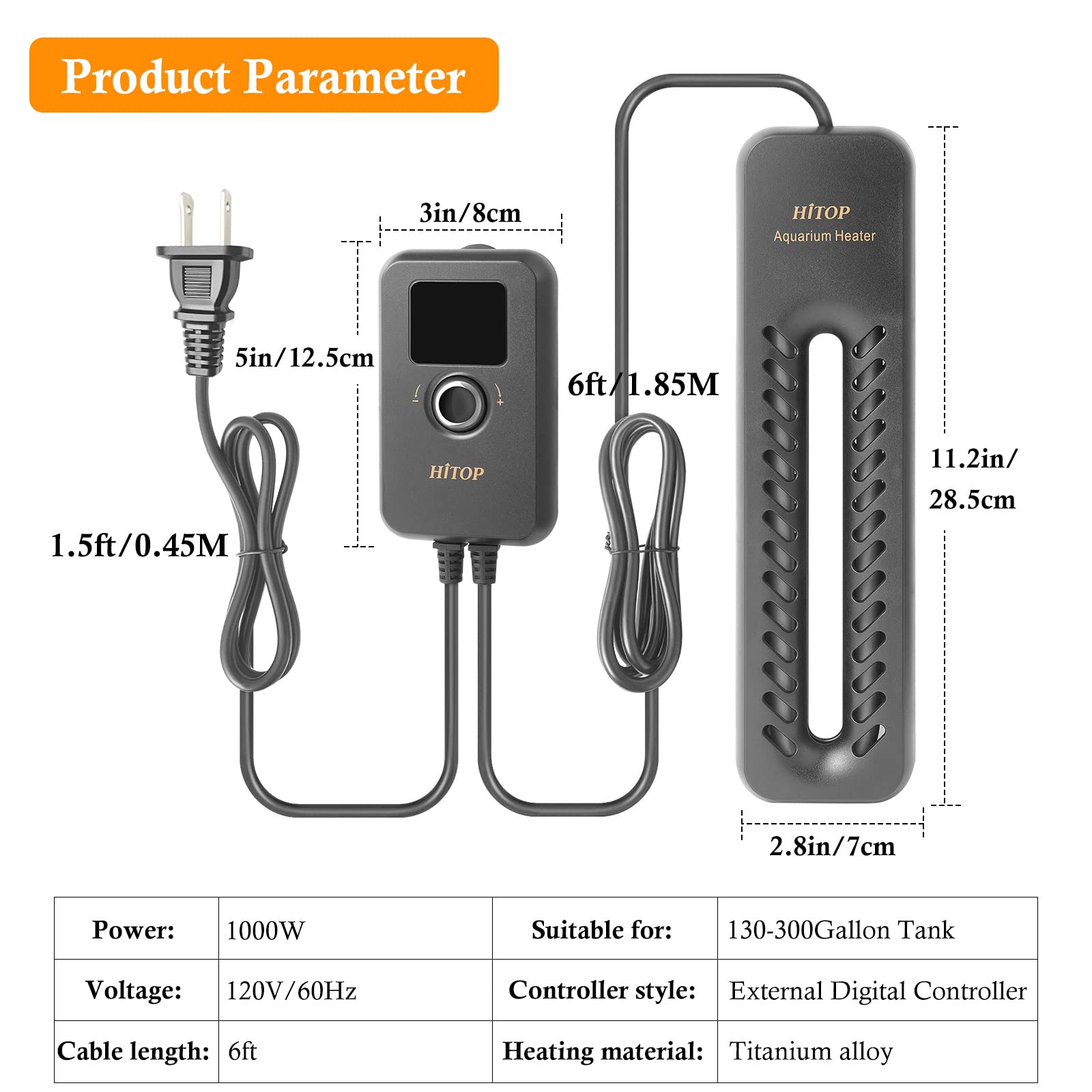 HITOP 1000W Titanium Aquarium Heater with Digital Thermostat - Submersible Fish Tank Heater for Freshwater & Saltwater (Up to 300 Gallons) - Perfect for Large Home Aquariums, Reef Tanks, and Aquatic Habitats