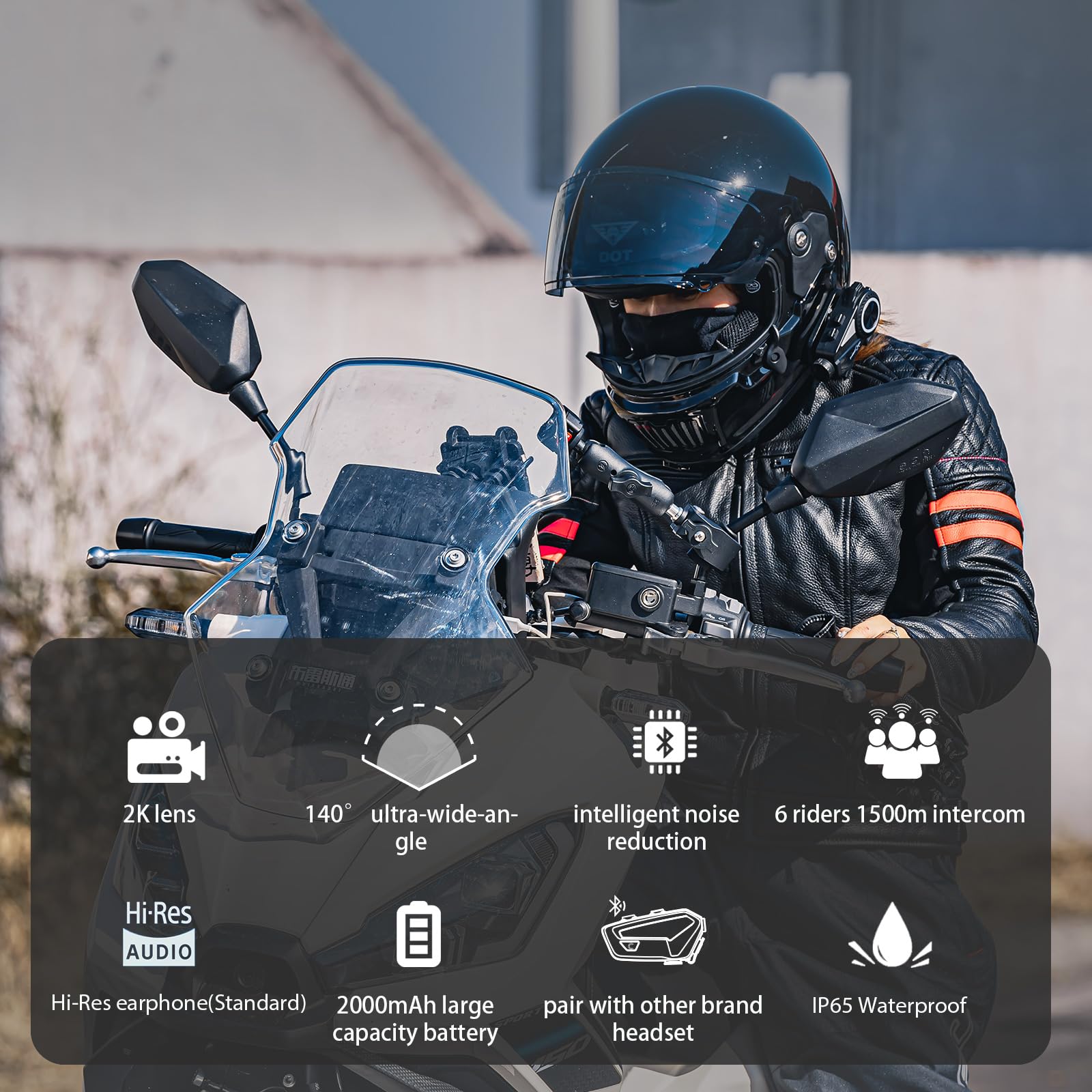 FreedConn Motorcycle Bluetooth Headset with 2K Camera - 360° HD Video, 6-Way Intercom, 1500M Range, IP65 Waterproof, 128GB TF Card - Perfect for Group Rides, Vlogging & Adventure Motorcycling