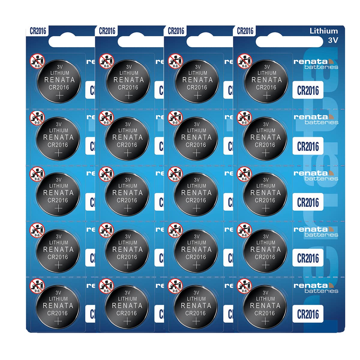 Renata CR2016 3V Lithium Coin Cell Batteries (20 Pack) - Long-Lasting Power for Watches, Calculators, Key Fobs & Small Electronics
