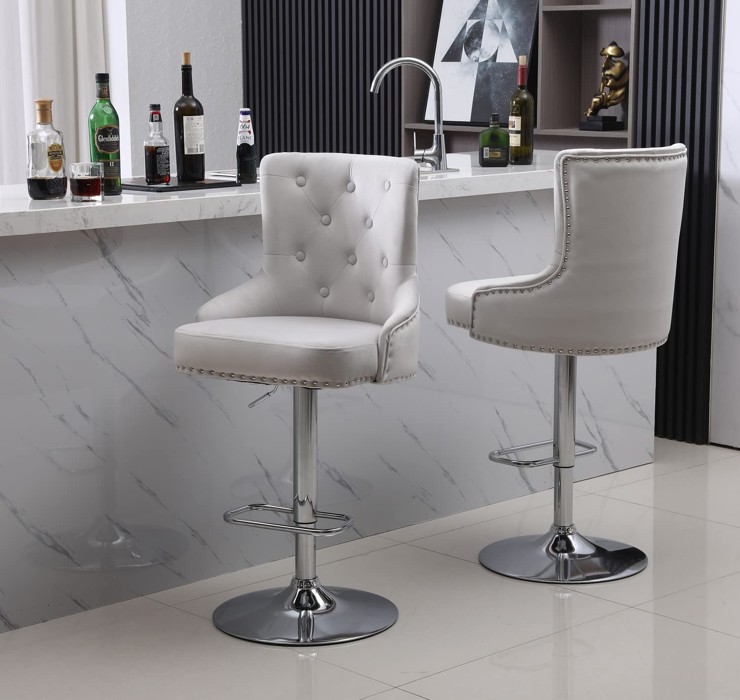 Modern Velvet Bar Stools Set of 4 - Adjustable Height High Back Counter Stools for Kitchen Island, Pub, Bar & Dining Room - Light Grey Upholstered Seating for Home & Commercial Use