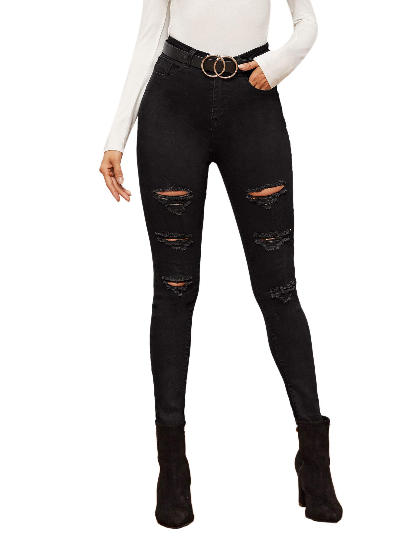 Floerns Women's High Waisted Skinny Ripped Jeans - Distressed Denim Pants with Raw Hem for Casual Wear | Perfect for Everyday Outfits, Street Style & Date Nights