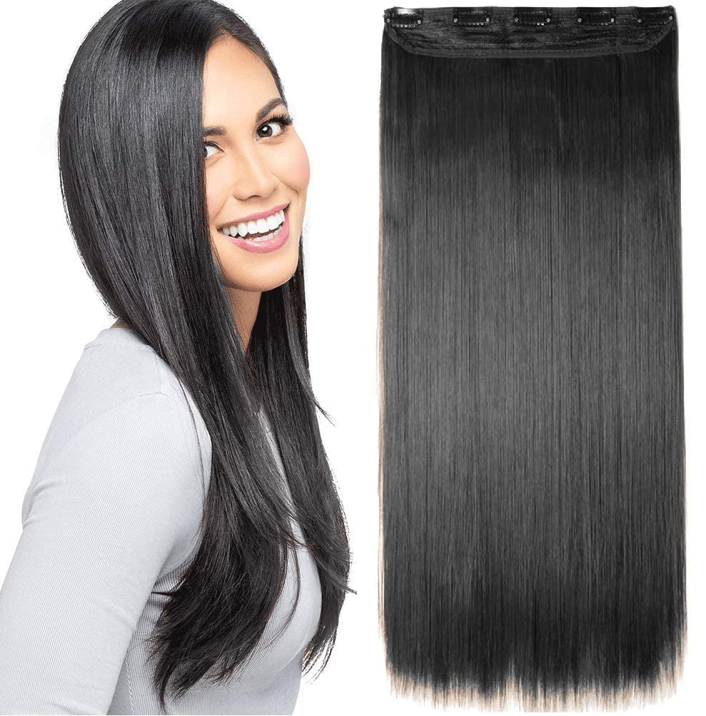 CLITZ 24 Inch Synthetic Hair Extensions for Women & Girls - Natural Straight Black Clip-in Hairpieces | Full Head Human-Like Hair Extensions | Perfect for Daily Wear, Parties, Weddings & Cosplay