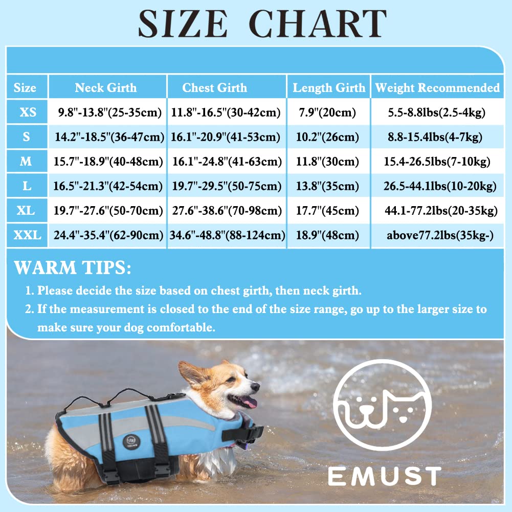 EMUST Dog Life Jacket - Lightweight Pet Life Vest for Small, Medium, Large & XL Dogs - Adjustable Buoyancy Swim Vest for Swimming, Boating & Water Activities - Blue XL Size for Big Dogs