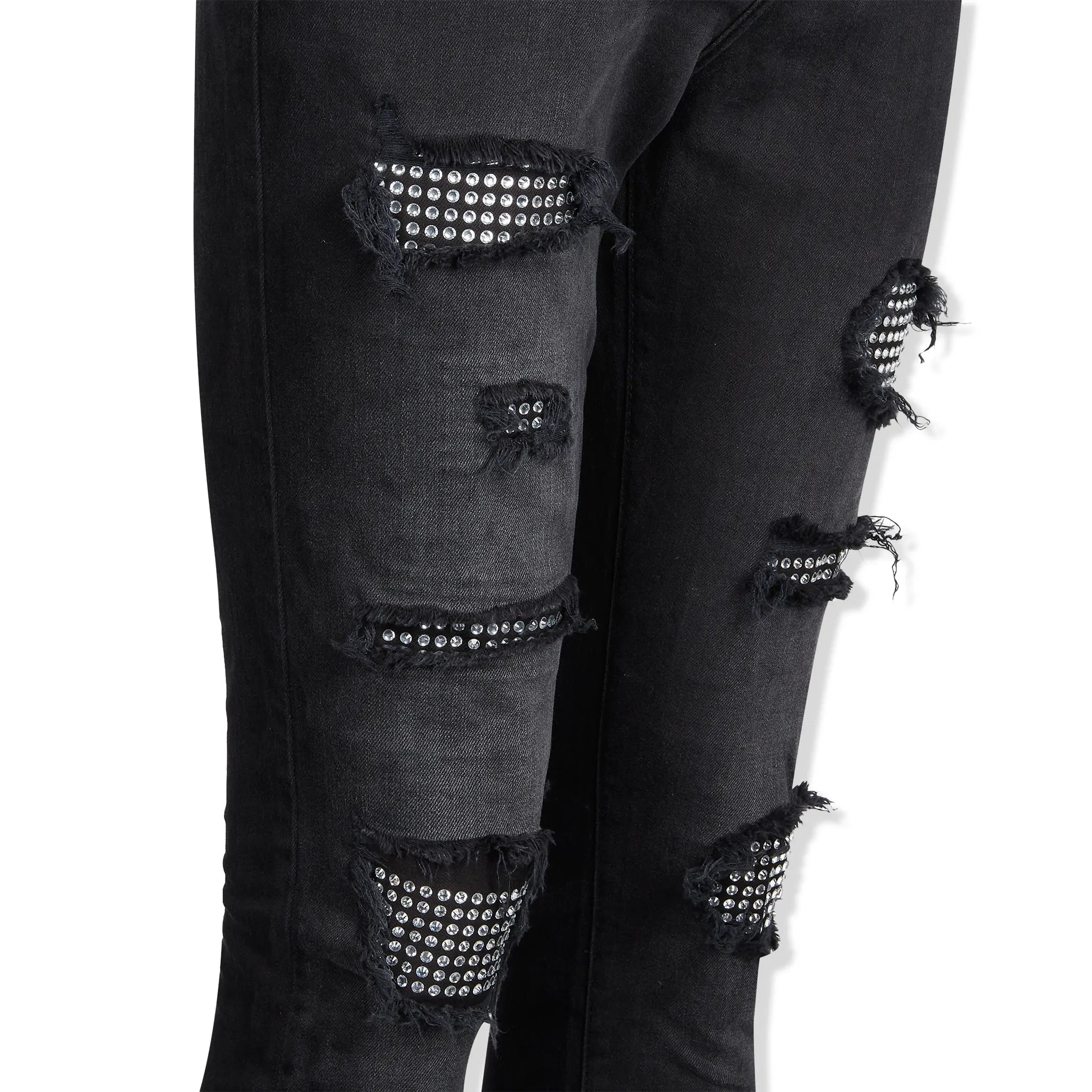 Lusso Distressed Diamanté Washed Black Denim Jeans for Women - Trendy Ripped Skinny Jeans with Rhinestone Details - Perfect for Night Out, Party & Casual Wear