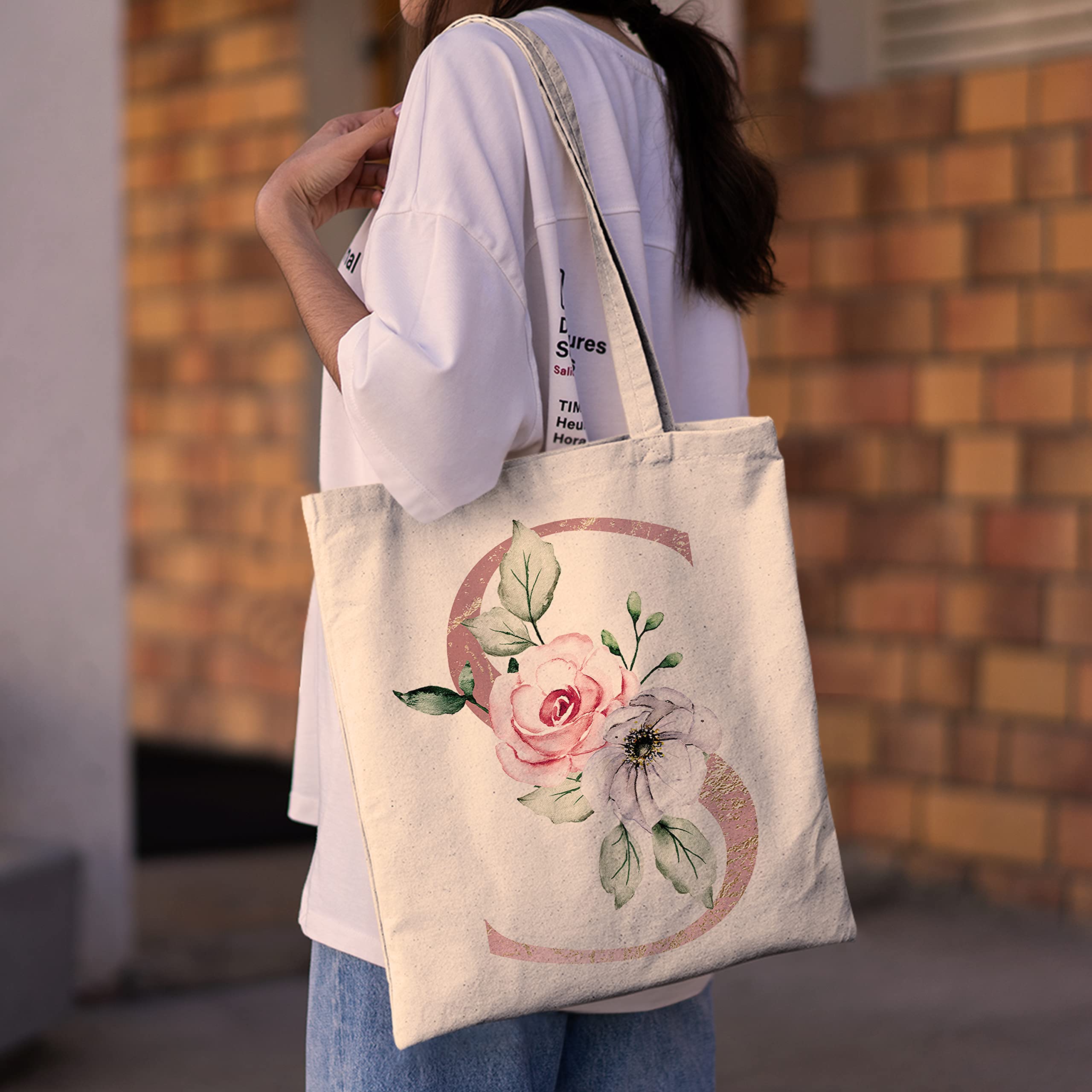 Floral Monogram Tote Bags for Women - Personalized Bridesmaid Wedding Gift, Bachelorette Party Beach Bag - Perfect for Bridal Showers, Girls' Trips & Summer Outings
