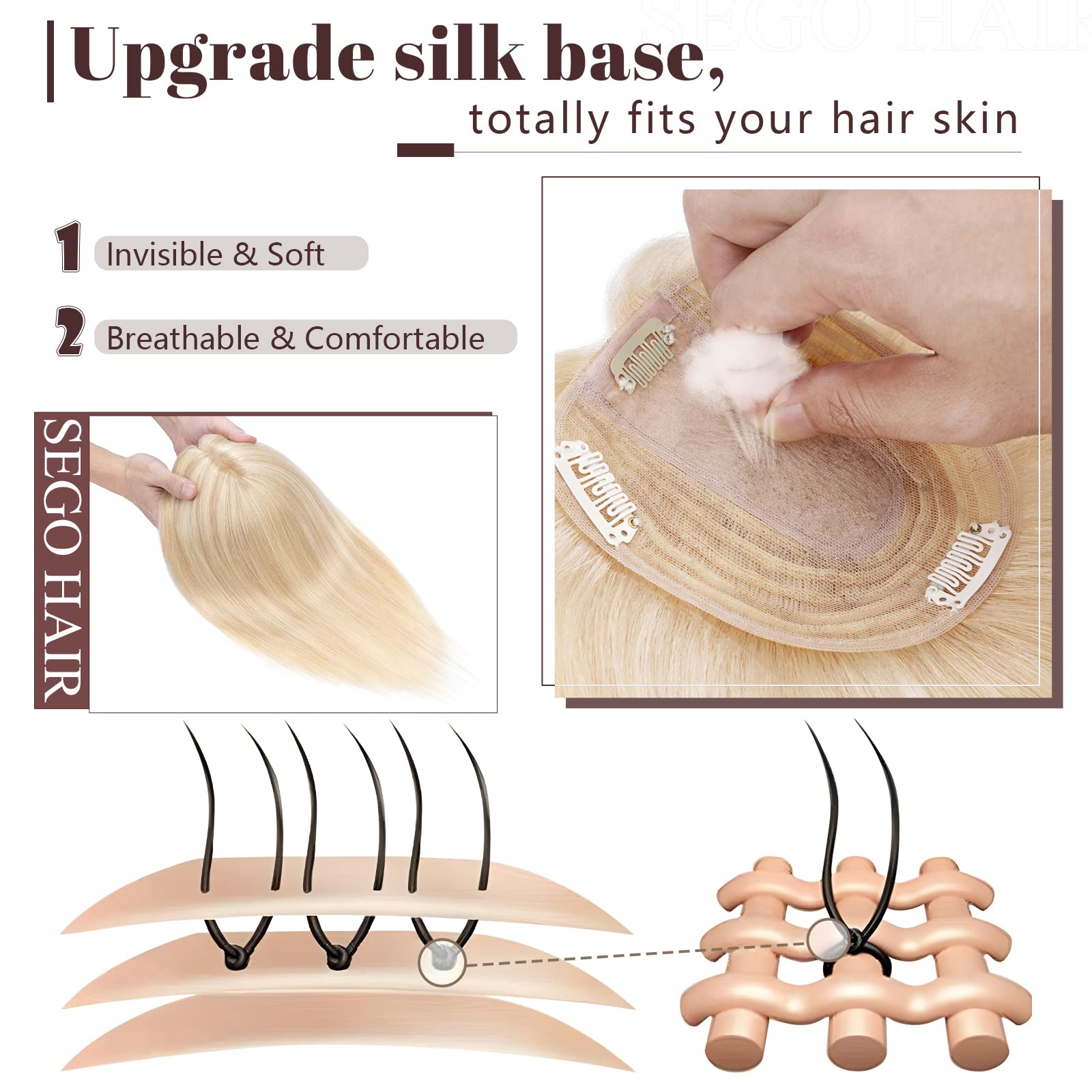 SEGO Clip-in Human Hair Topper for Women - No Bangs Remy Hair Topper with Silk Base, 4 Clips for Thinning Hair & Hair Loss - Perfect for Covering Grey Hair & Daily Styling (Work, Parties, Weddings)