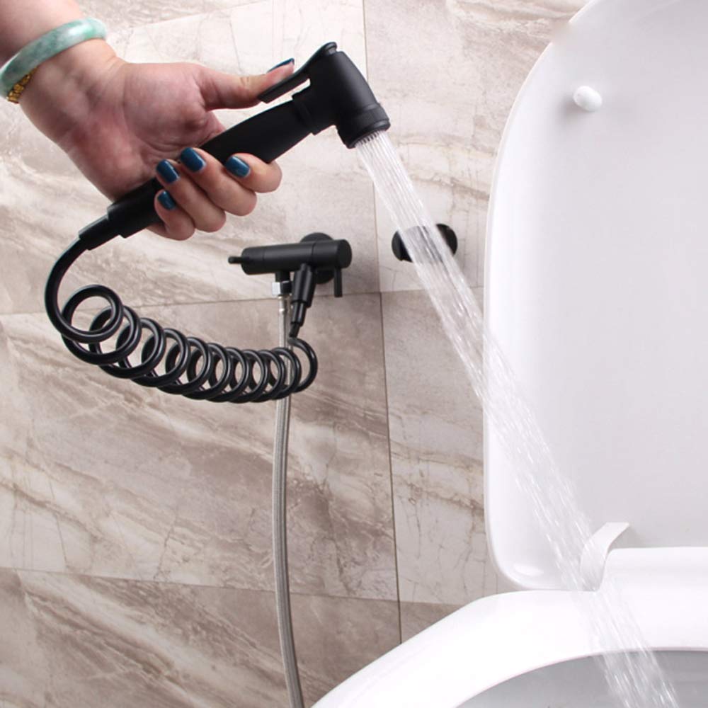 Black Handheld Toilet Sprayer - Dual Handle Bathroom Bidet Sprayer Set with Cold Water Wall Mount & Spring Hose - Perfect for Baby Cloth Diaper Cleaning, Personal Hygiene & Household Use
