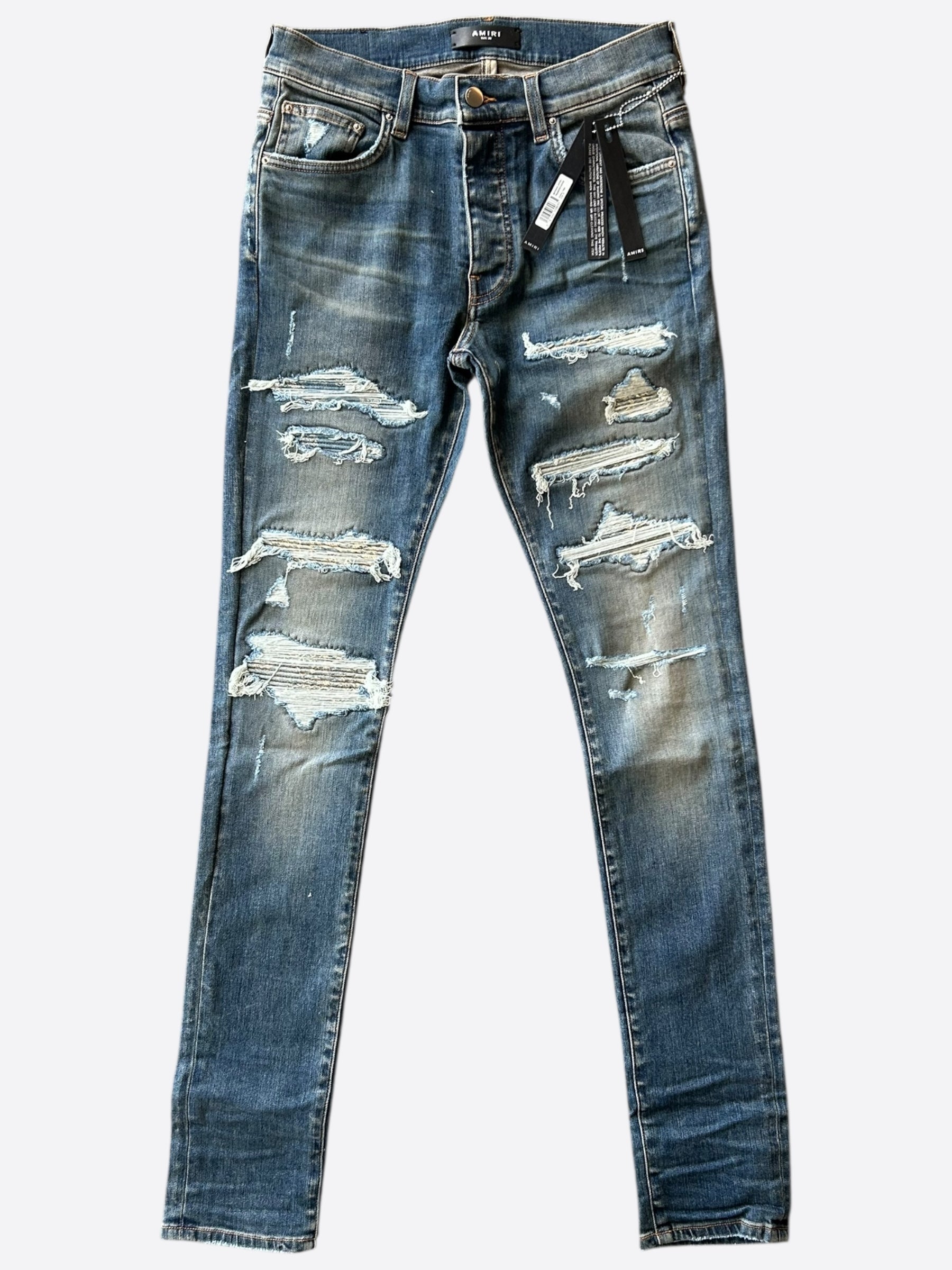 Amiri Indigo Bandana Jacquard Patch Thrasher Jeans for Men - Vintage Distressed Denim Pants with Embroidered Design | Perfect for Streetwear, Casual Outfits & Night Out