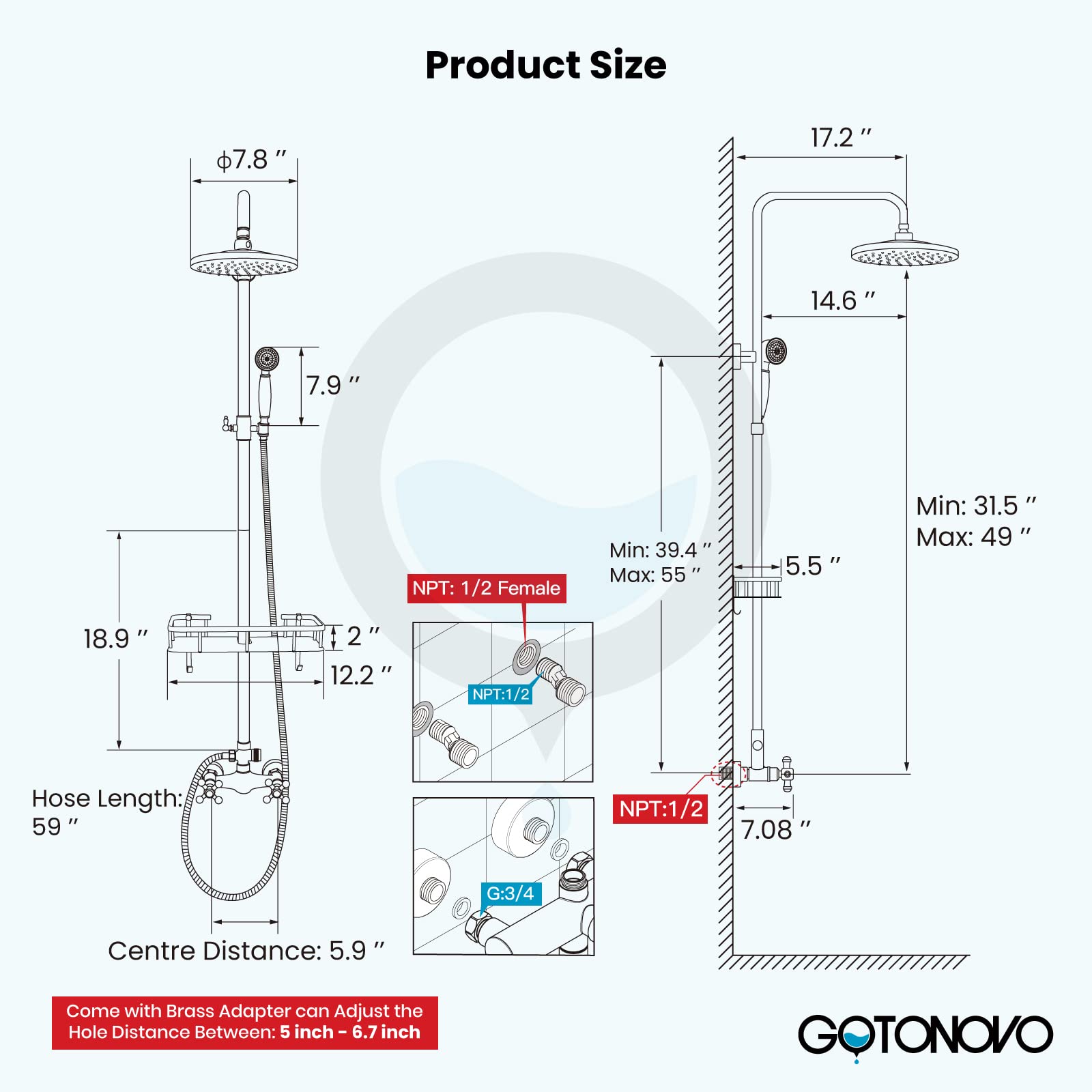 Gotonovo 8 Inch Antique Brass Rainfall Shower System - Wall Mounted Bathroom Faucet with Adjustable Handheld Sprayer, Shower Shelf & Double Cross Handles | Perfect for Vintage Style Bathrooms & Spa-Like Shower Experience