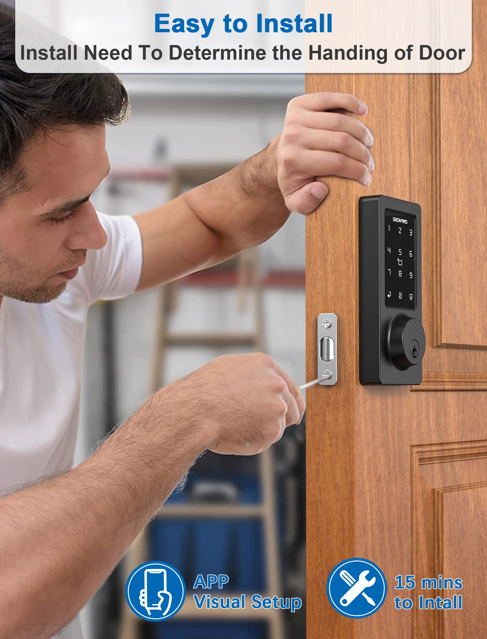 GEONFINO Smart Lock with WiFi & Bluetooth - Keyless Entry, Touchscreen Keypad, Auto Lock & Alexa Voice Control - Secure Your Home (Black) - Perfect for Smart Homes, Vacation Rentals & Airbnb Properties