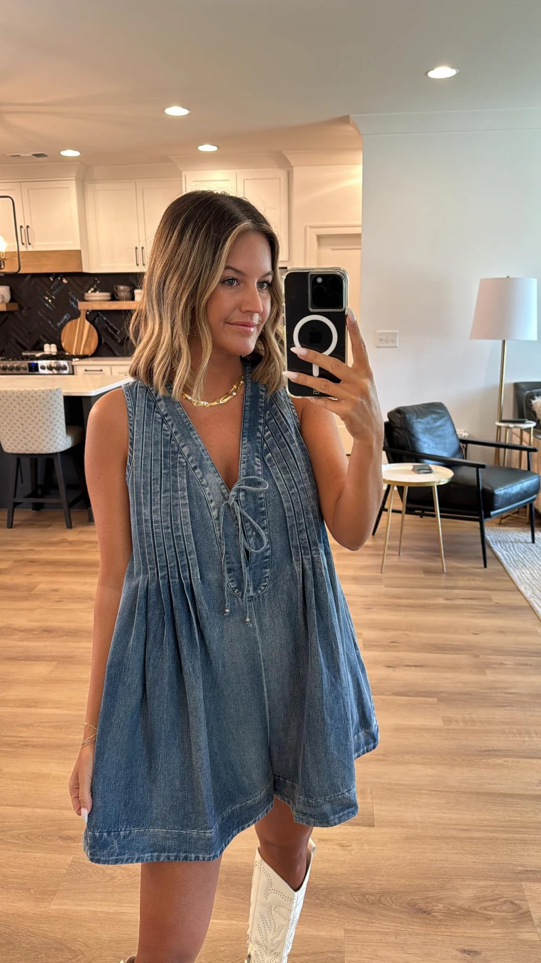Yoeasy Women's Sleeveless V-Neck Denim Romper - Tie Front Ruffled Jean Shorts Overall with Pockets | Casual Summer Outfit for Beach, Shopping & Date Nights