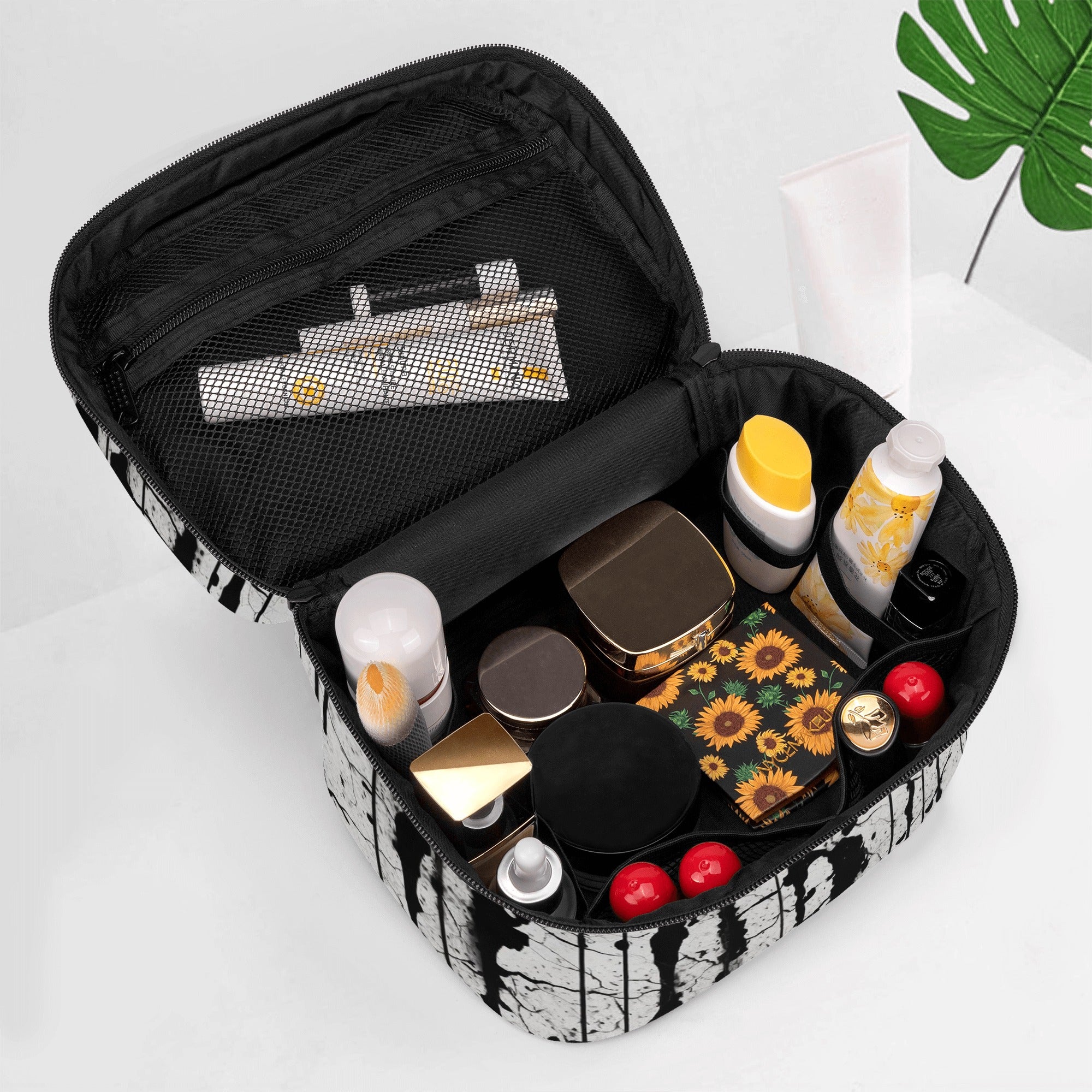 Waterproof Black Leather Cosmetic Bag for Women - Travel Makeup Organizer with Zipper Closure, Perfect for Gym, Office & Vacation Essentials Storage