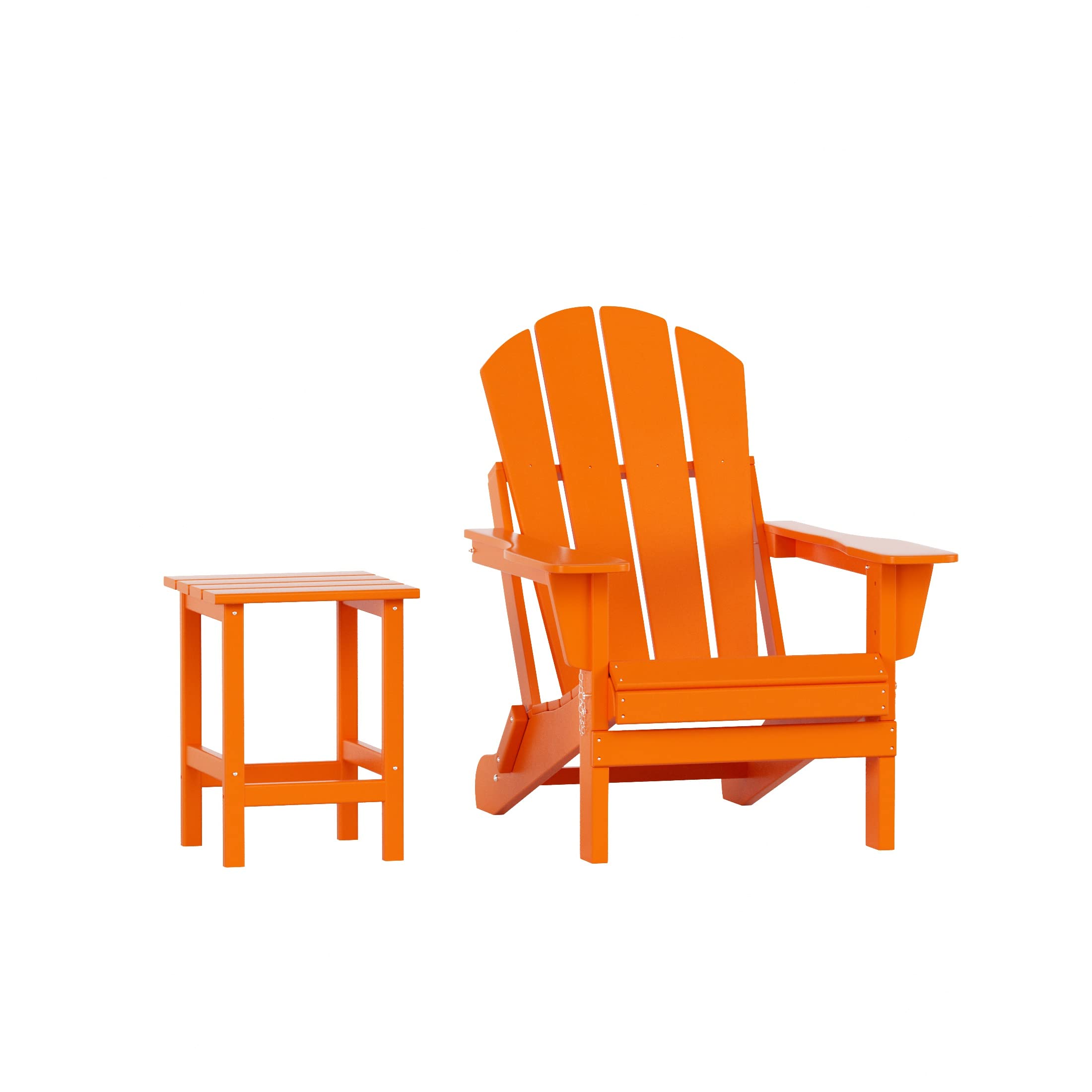 WO Home Furniture 2-Piece Adirondack Chair and Side Table Set - Weatherproof & UV Resistant Outdoor Folding Chairs for Lawn, Garden, Patio, Balcony, Campfire - Orange (Perfect for Backyard Relaxation, Poolside Lounging, and Outdoor Entertaining)