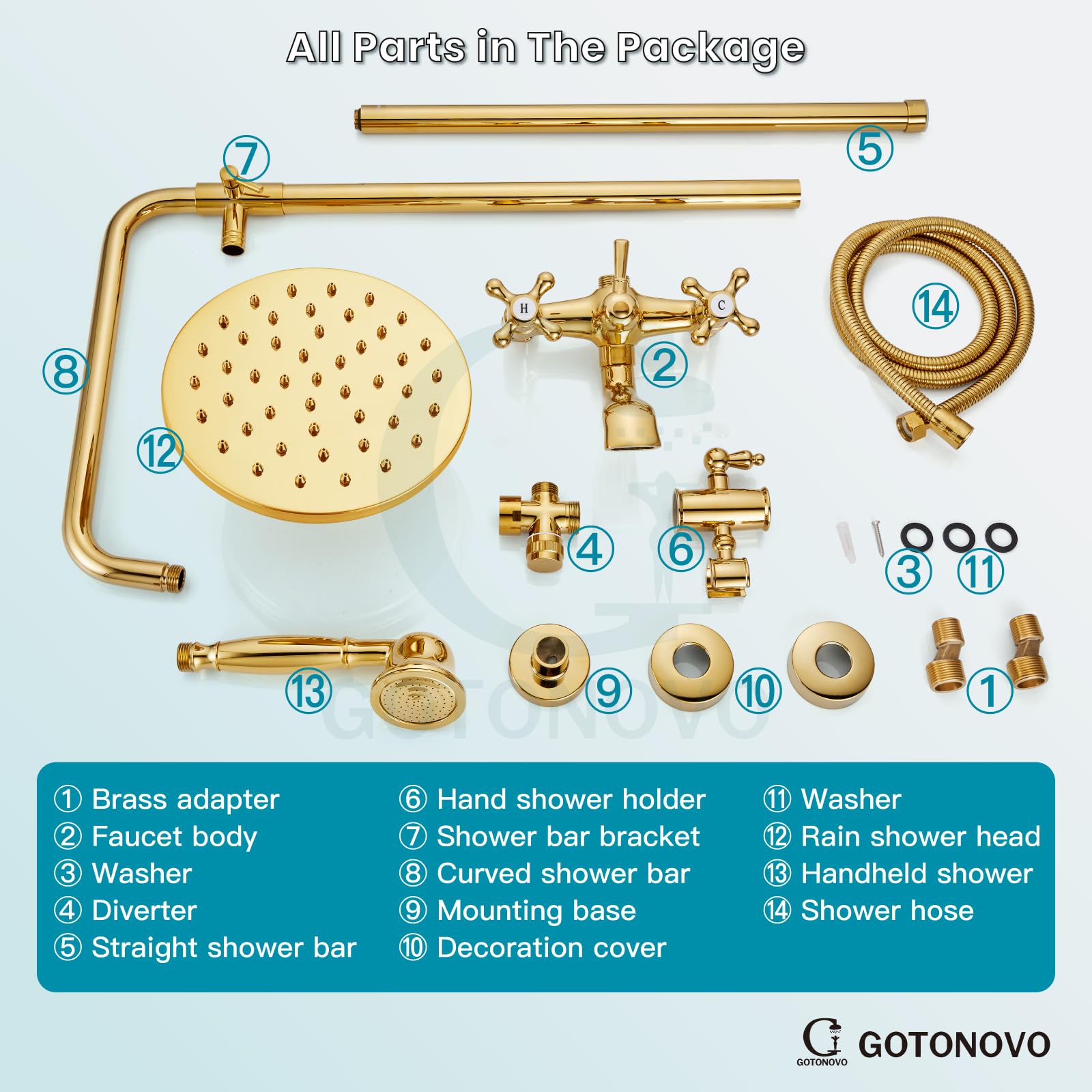 Gotonovo 8 Inch Exposed Shower Faucet Set with Rainfall Showerhead - 3-Function Shower System with Tub Spout & Cross Handles in Polish Gold - Perfect for Bathroom Renovation & Luxury Spa Experience