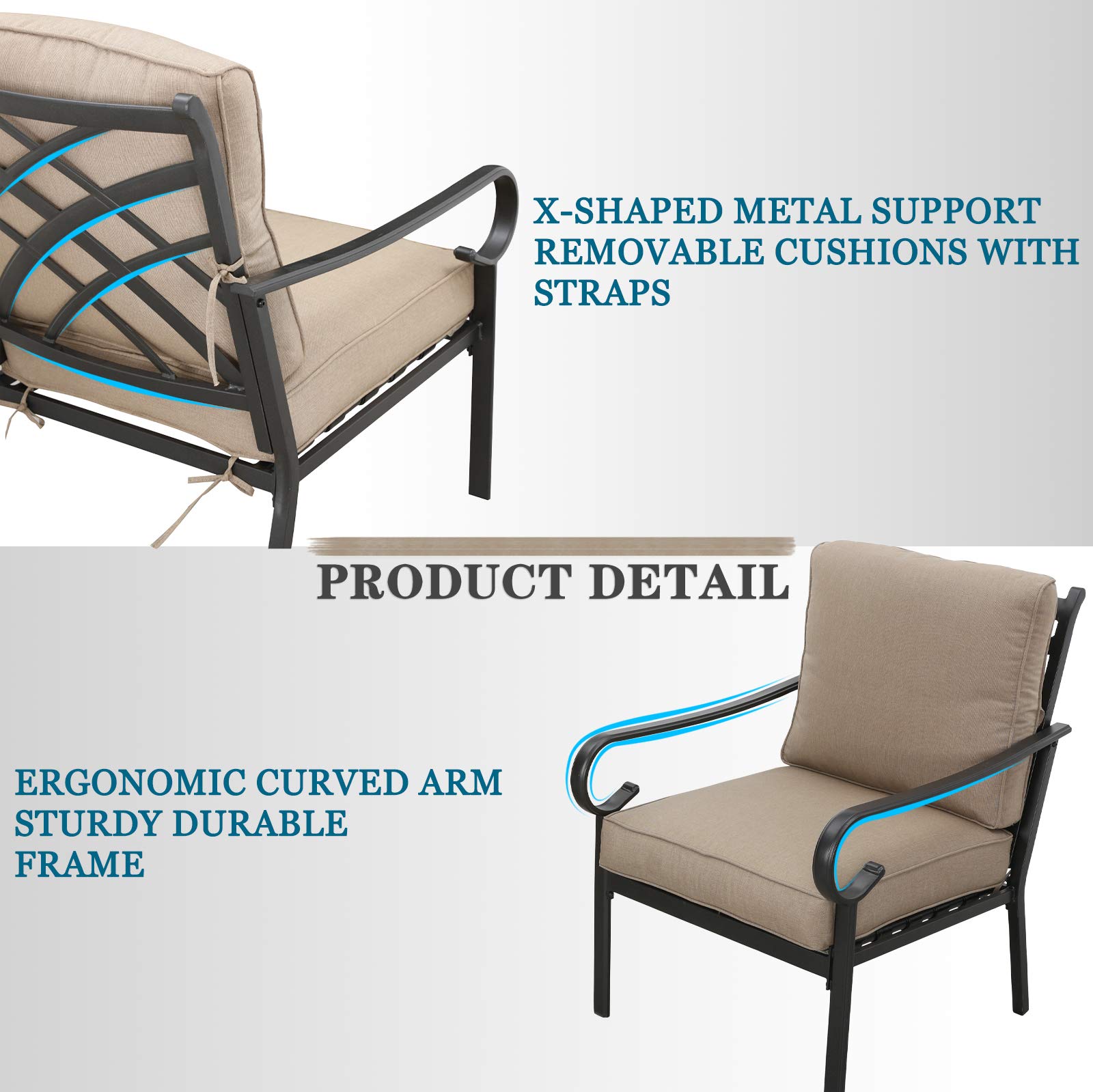 2-Piece Patio Dining Chairs Set - All-Weather Metal Bistro Armchairs with Cushions for Outdoor Porch, Deck, Garden & Backyard - Khaki - Perfect for Relaxing, Entertaining & Dining Al Fresco