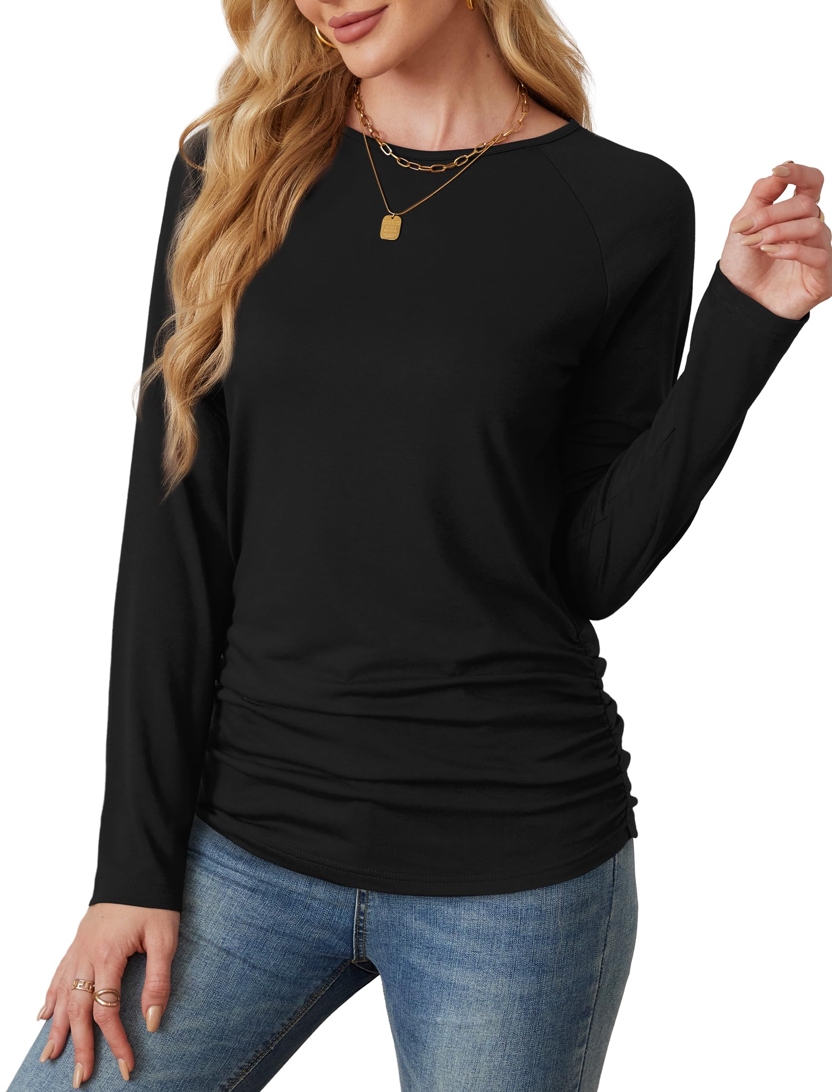 Elegant Women's Long Sleeve Pleated Button-Down Shirt - Crewneck Dressy Casual Top for Work, Office & Everyday Wear | Saloogoe