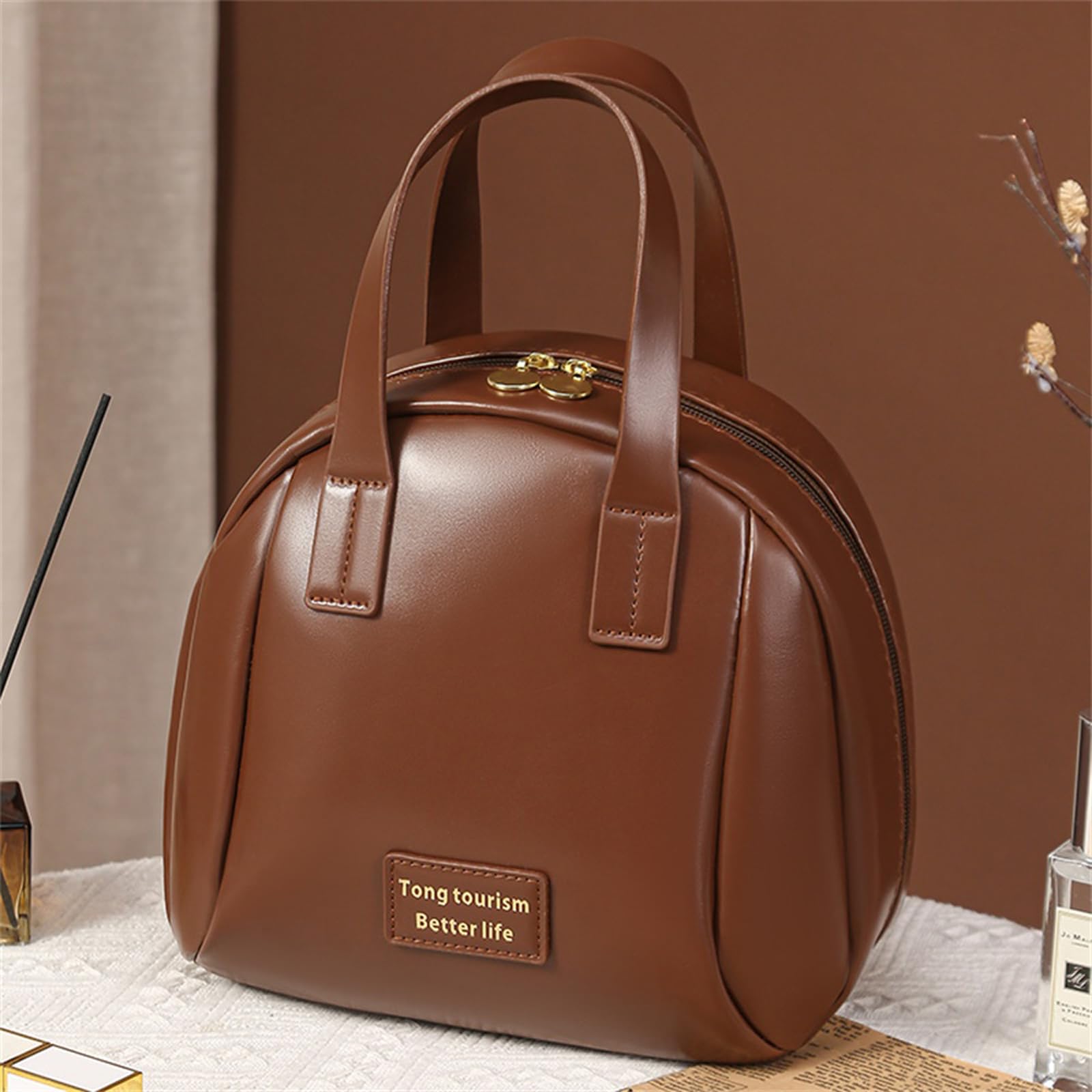Waterproof Leather Makeup Bag for Women & Girls - Large Capacity Travel Cosmetic Organizer, Portable Toiletry Bag (Brown, BK-01) | Perfect for Travel, Gym & Daily Makeup Storage