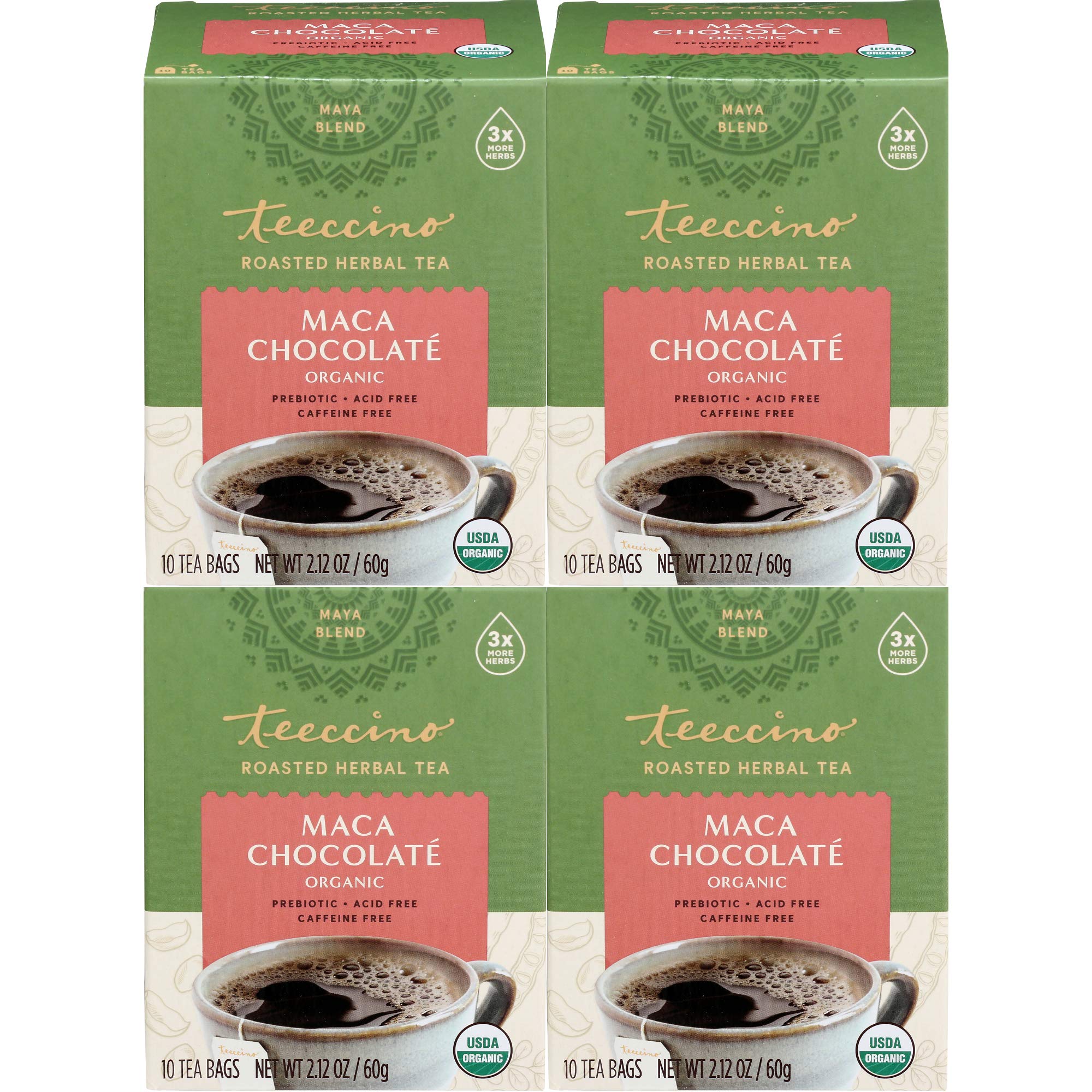 Teeccino Herbal Tea – Maca Chocolaté – Caffeine Free Coffee Alternative with Adaptogenic Peruvian Maca, Cacao & Chicory – Prebiotic, Acid Free – 10 Tea Bags (Pack of 4) – Perfect for Relaxation, Digestion & Healthy Lifestyle