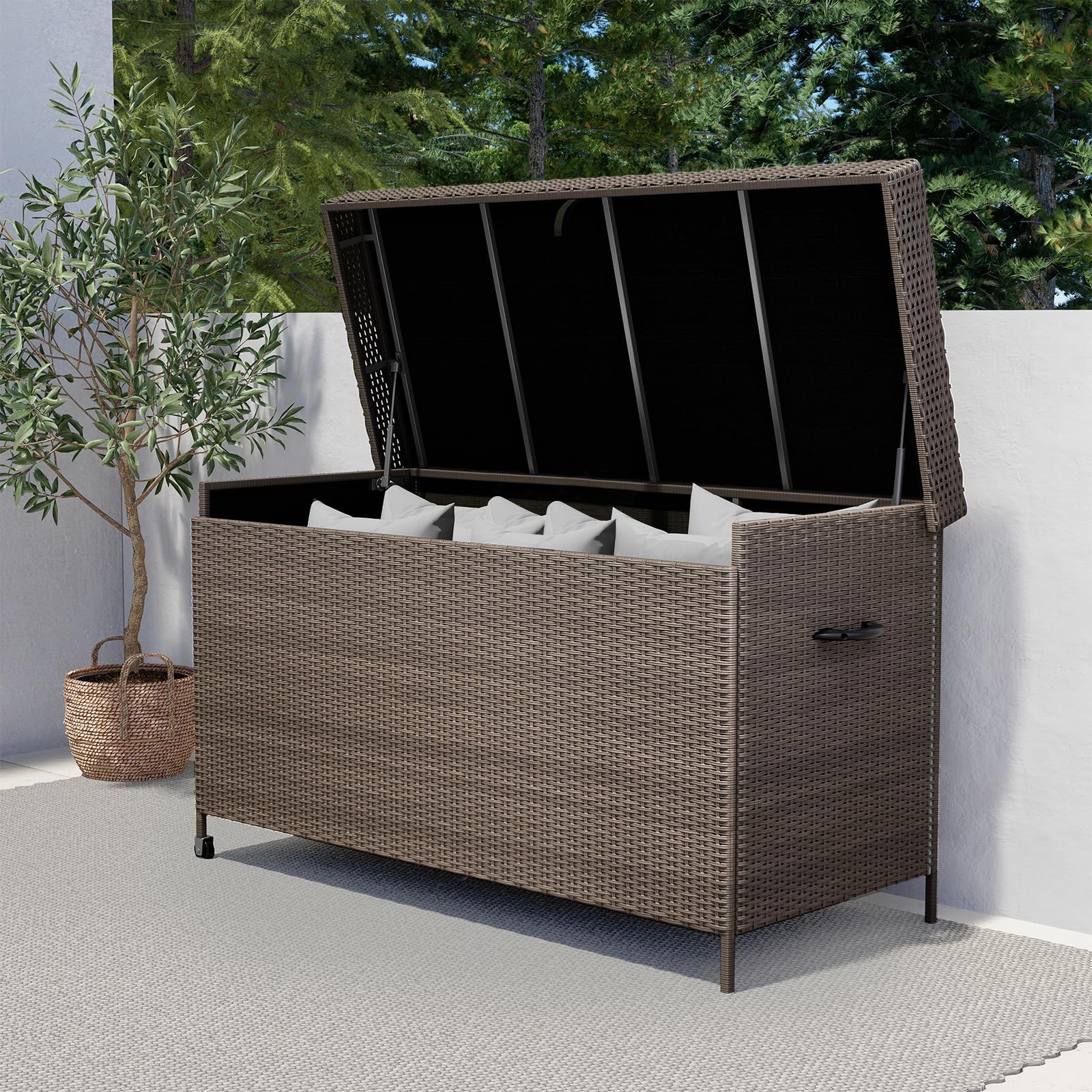 170 Gallon Wicker Deck Storage Box - Outdoor & Indoor Patio Furniture Cushion Organizer, Garden Tool & Pool Accessories Storage Bin - Light Brown - Perfect for Backyard, Deck, Poolside & Garage Organization