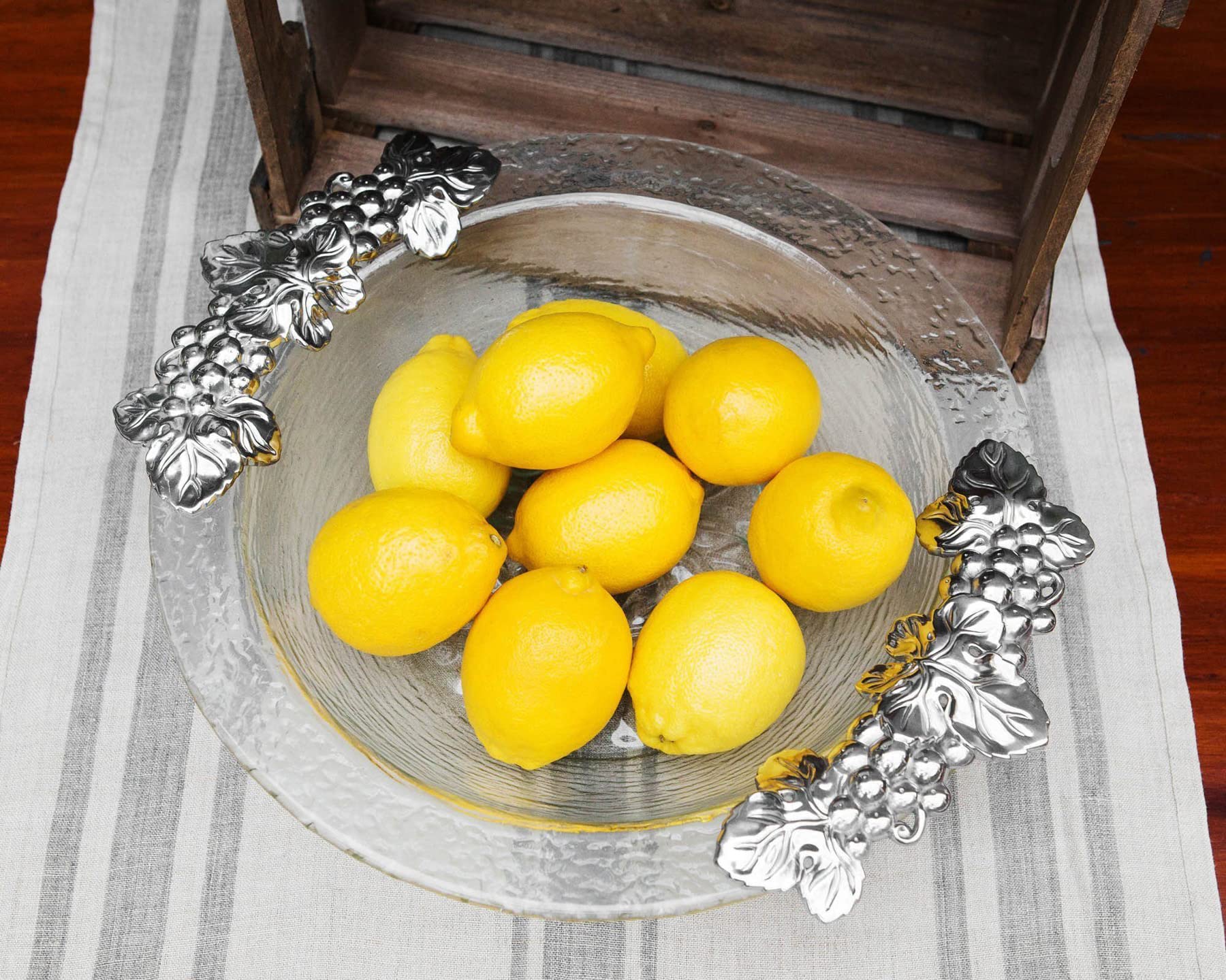 Arthur Court Designs 16 Inch Grape Pattern Glass & Aluminum Salad Bowl - Elegant Serving Bowl for Parties, Entertaining & Holiday Gatherings