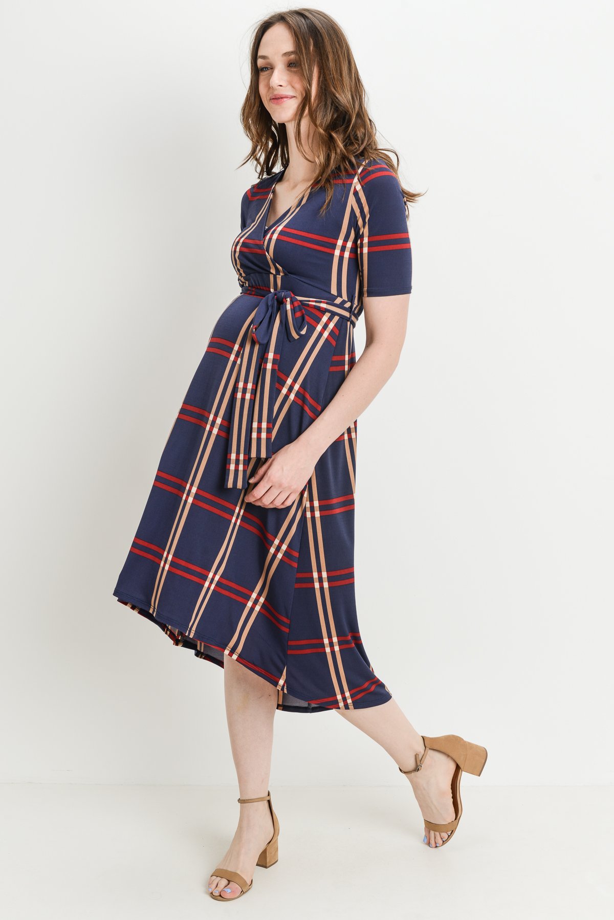 Maternity Wrap Dress for Women - Stretchy Midi Length with Adjustable Waist Belt | Comfortable Pregnancy Outfit for Work, Baby Shower & Nursing
