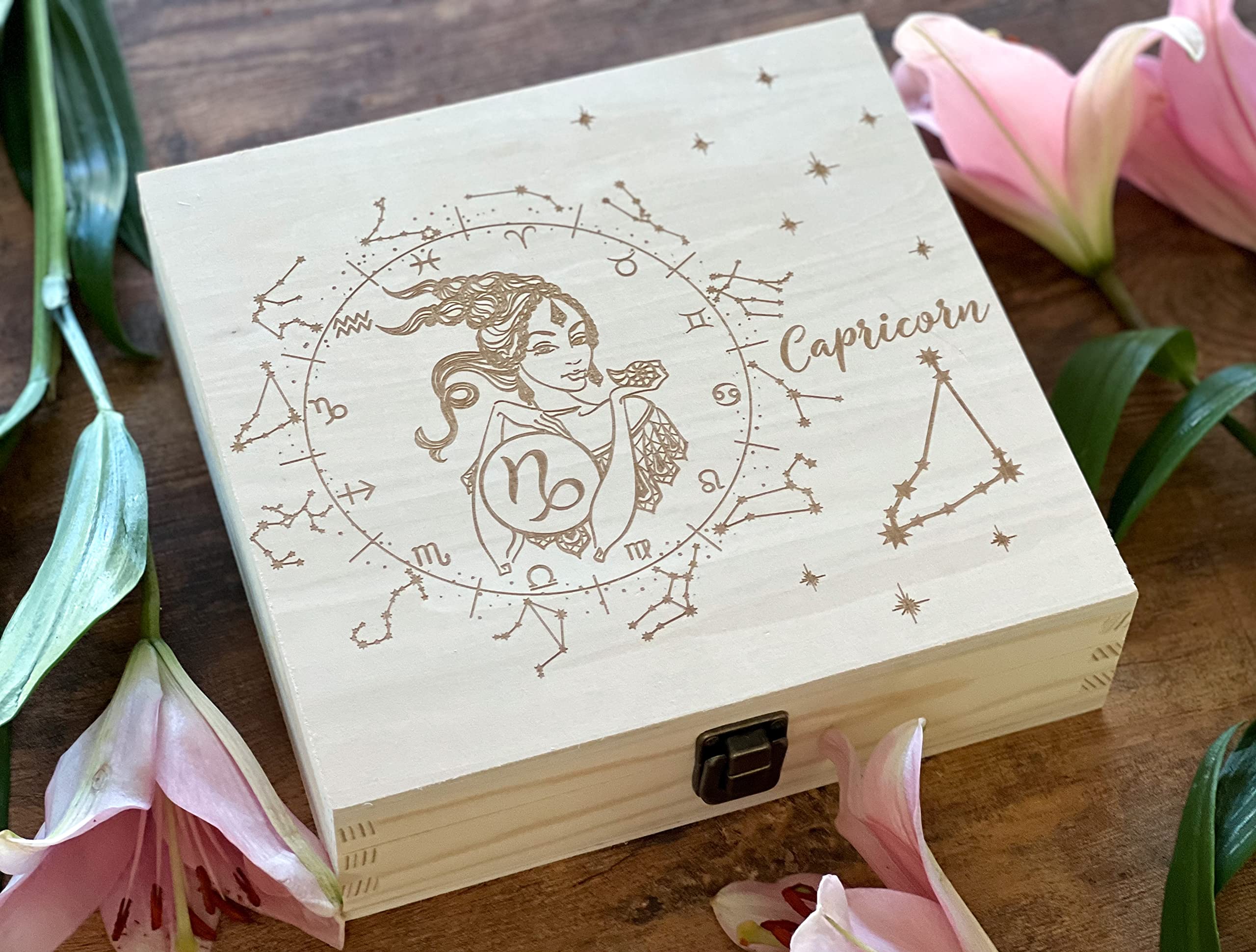 Personalized Capricorn Zodiac Wooden Box - Custom Astrology Gift for Capricorn Sign - Engraved Keepsake Treasure Box - Perfect for Birthday, Anniversary & Spiritual Gifts