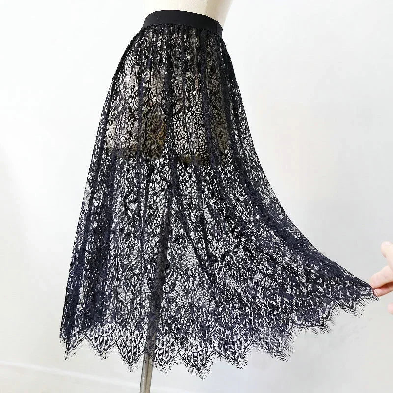 Elegant Black and White Lace High Waist Midi Skirt - Long Tulle Skirt with Elastic Waistband for Women - Perfect for Beach, Wedding, Party & Formal Occasions