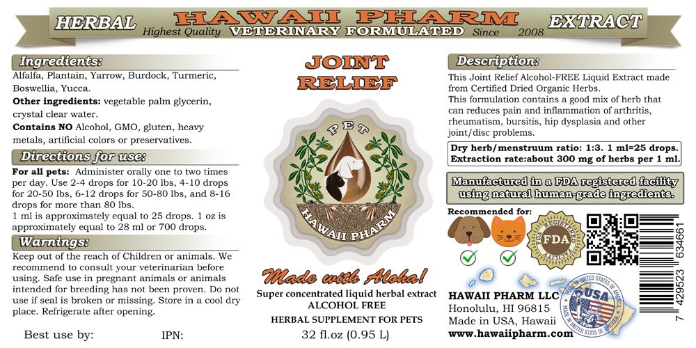 HawaiiPharm Joint Relief for Dogs & Cats - Alcohol-Free Herbal Liquid Extract, 32 oz - Natural Pet Supplement for Joint Pain & Mobility - Supports Active & Senior Pets