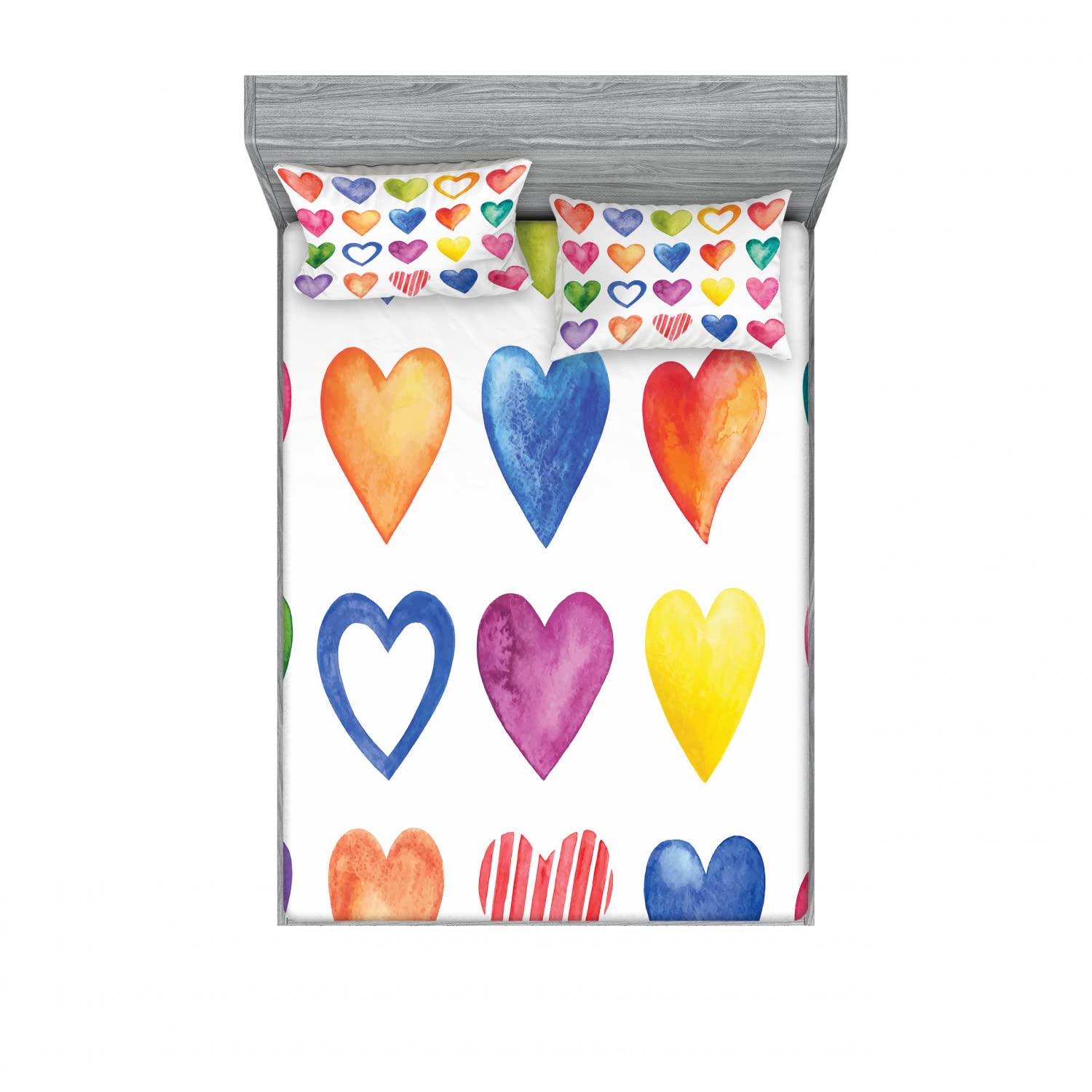 Ambesonne 2-Pack Queen Size Fitted Sheet Set with 4 Pillow Shams - Watercolor Heart Romance Design in Red Blue Yellow - Soft Bedding for Guest Room, Dorm, RV & Home Decor