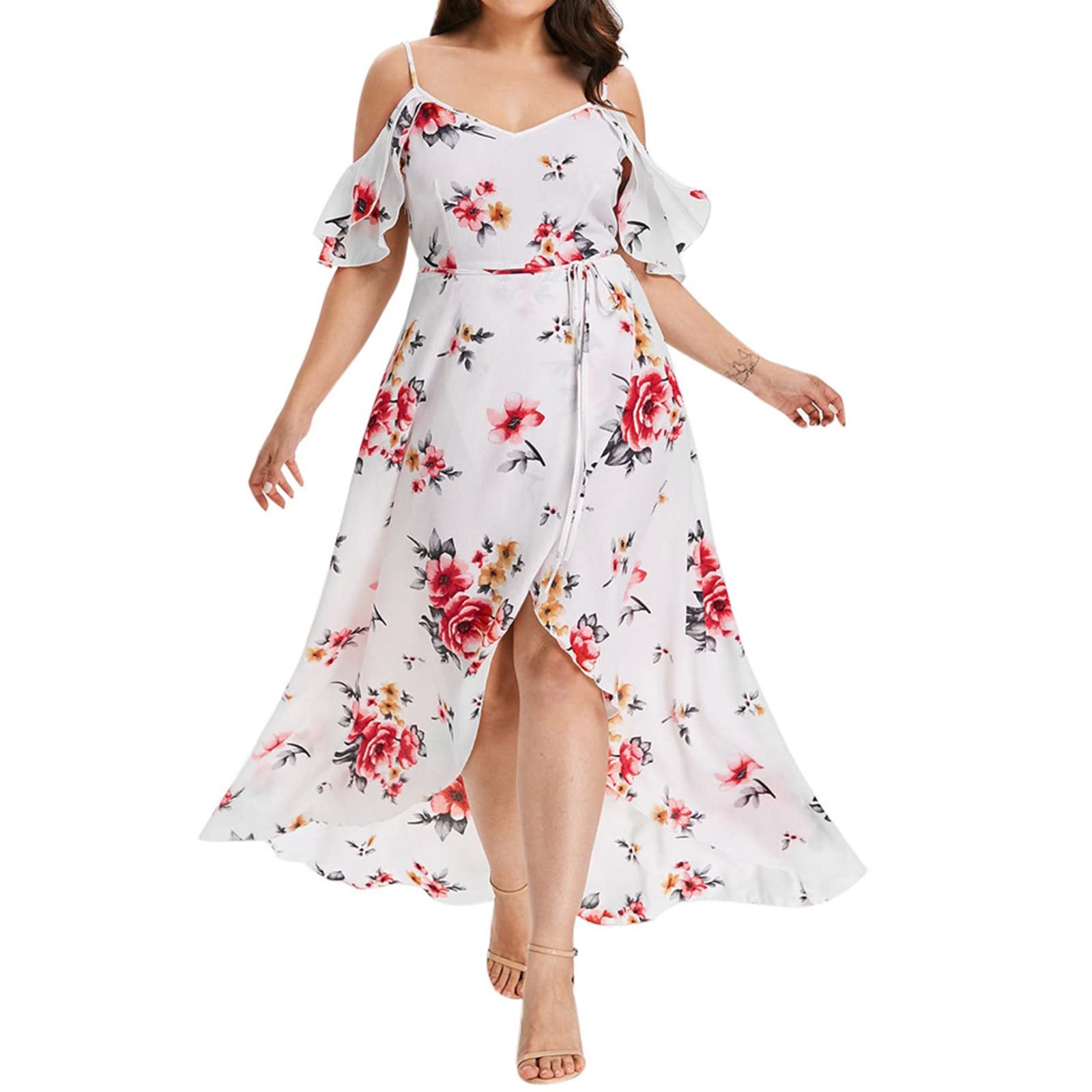 Plus Size Maxi Dress for Women - Casual Floral Cold Shoulder Bohemian Long Dress with Side Slit | Perfect for Beach Vacations, Summer Parties & Boho Fashion