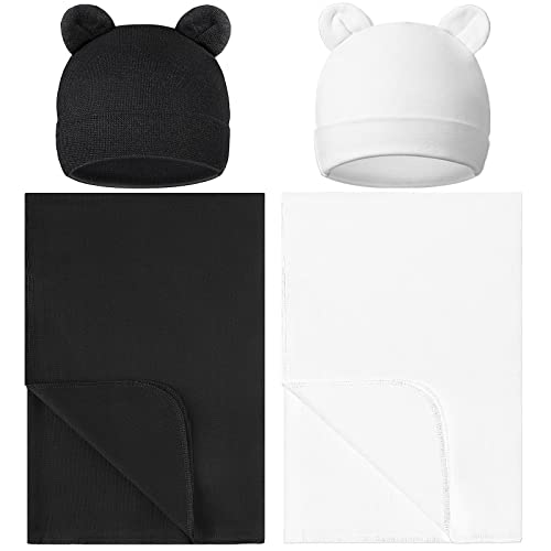 Geyoga 2-Pack Newborn Baby Swaddle Hat & Bear Ear Beanie Set with Receiving Blankets - Soft Swaddle Wrap for 0-6 Months - Unisex Infant Hospital Essentials for Boys & Girls (Black & White) - Perfect for Newborn Photography, Baby Showers & Hospital Visits