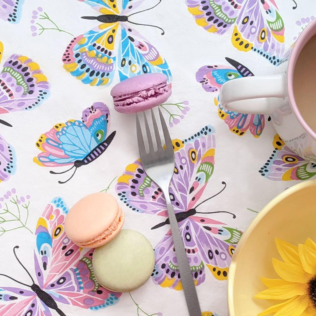 Premium Elastic Edged Flannel Backed Vinyl Fitted Tablecloth - Colorful Butterfly Design - Large Round/Oblong/Oval (Fits 45