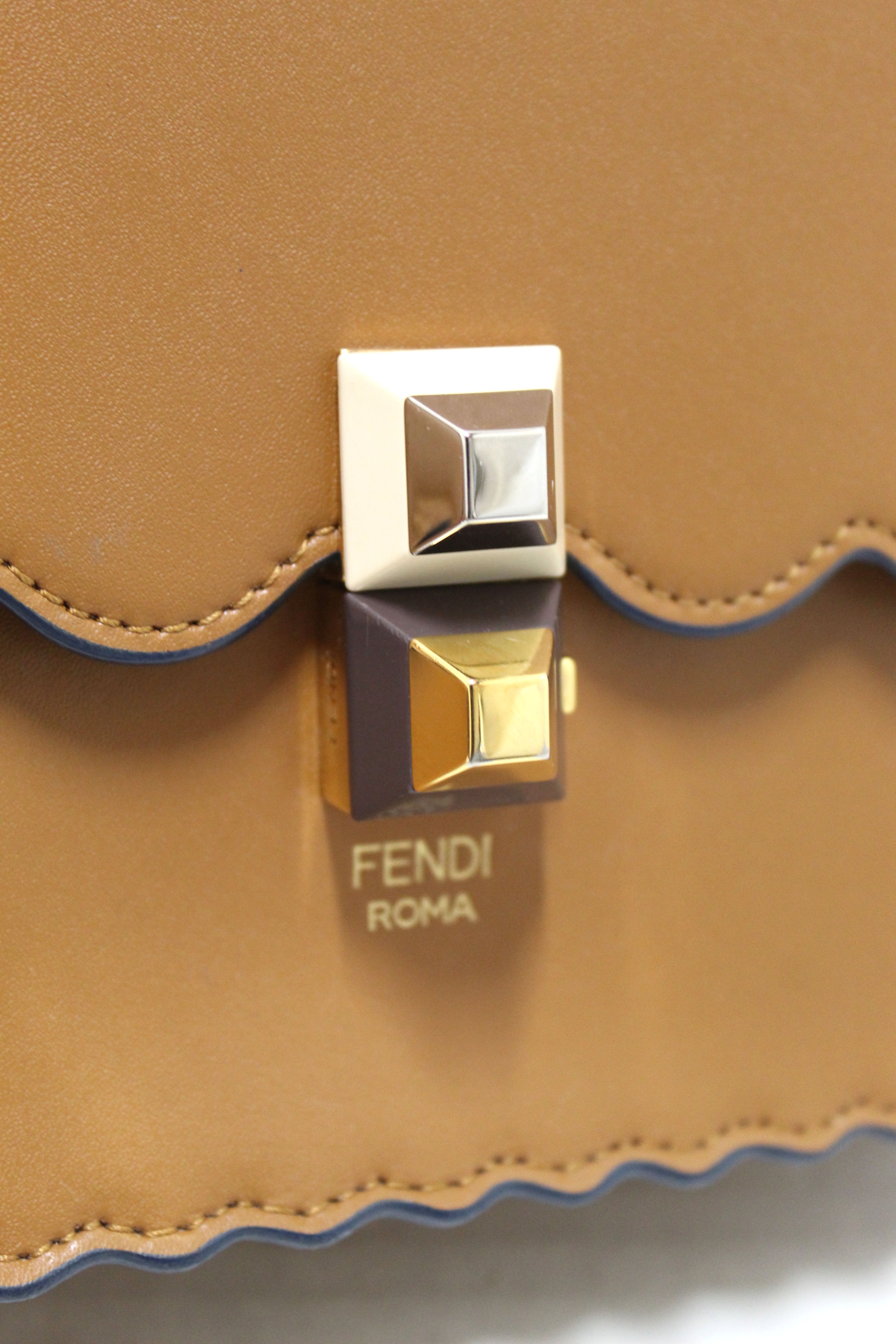 Authentic Fendi Brown Scallop Leather Mini I Kan Chain Shoulder Bag with Extra Strap - Luxury Crossbody Purse for Women, Perfect for Date Night & Evening Events