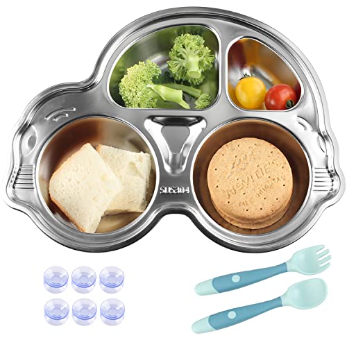HOLIPOT 304 Stainless Steel Divided Plates for Toddlers - 1300ml Food-Grade Kids Tray with Suction Base | Self-Feeding Training Plates | Fits Most High Chairs | Beetle Design | Perfect for Daycare, Home & Restaurant Use