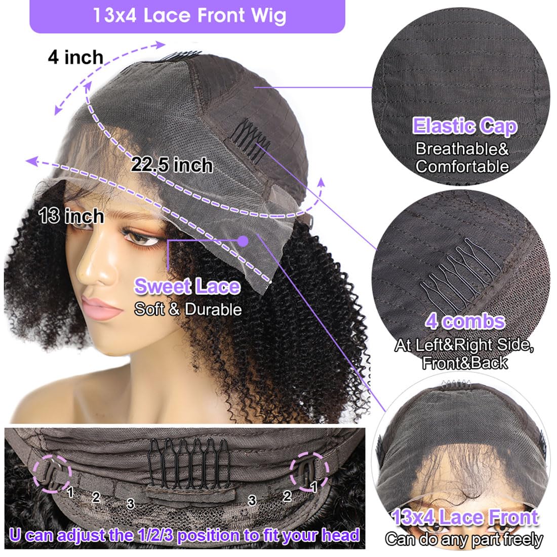 VIPbeauty Afro Kinky Curly Human Hair Wig 13x4 HD Lace Front Wigs Brazilian Virgin Human Hair 180 Density Pre Plucked with Baby Hair - Natural Black for Women | Perfect for Daily Wear, Cosplay & Special Occasions