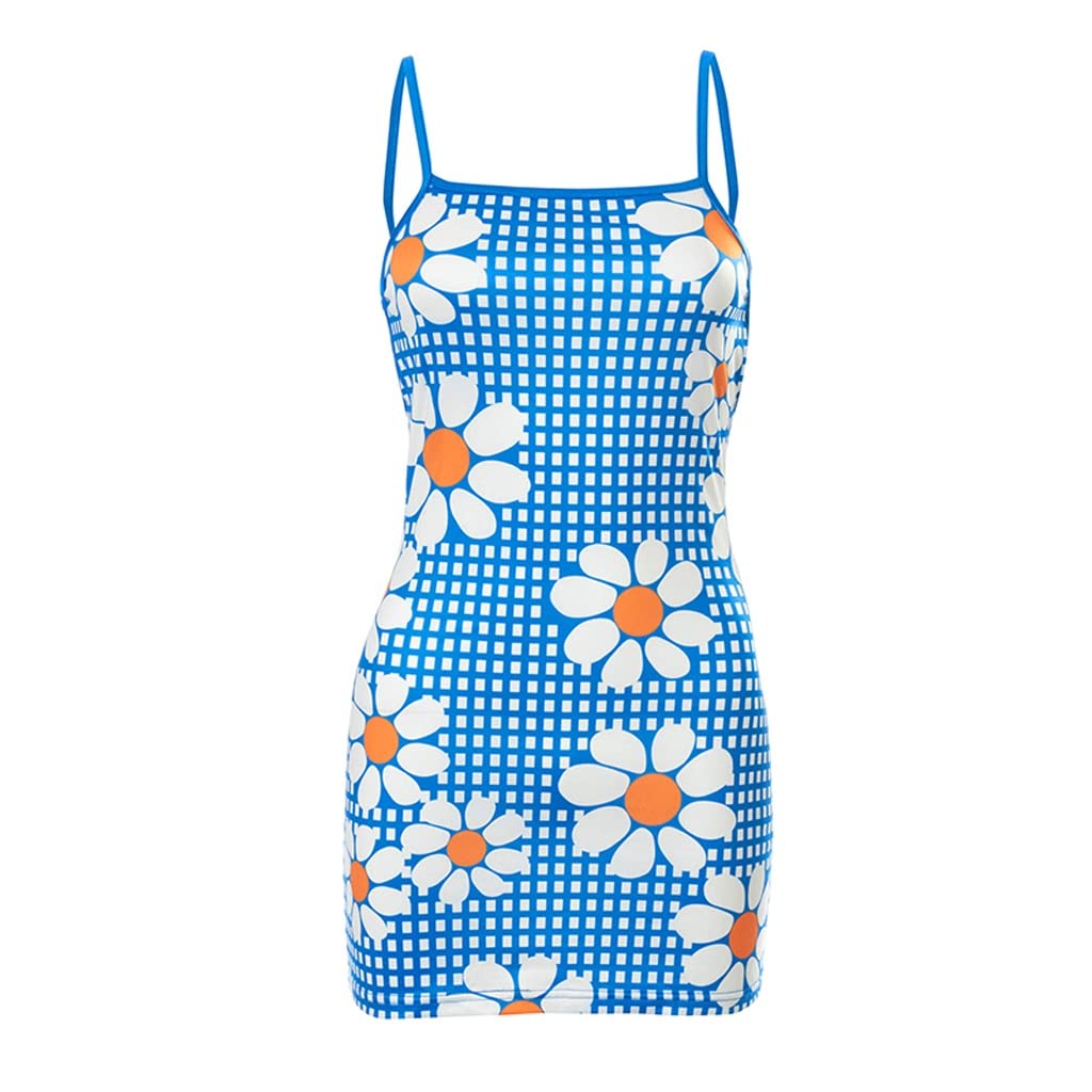 LEIGE Harajuku Print Knitted Halter Dress - Vintage Backless Mini Sundress for Women | Summer Beach Party, Date Night Outfit | Blue Color, Size S