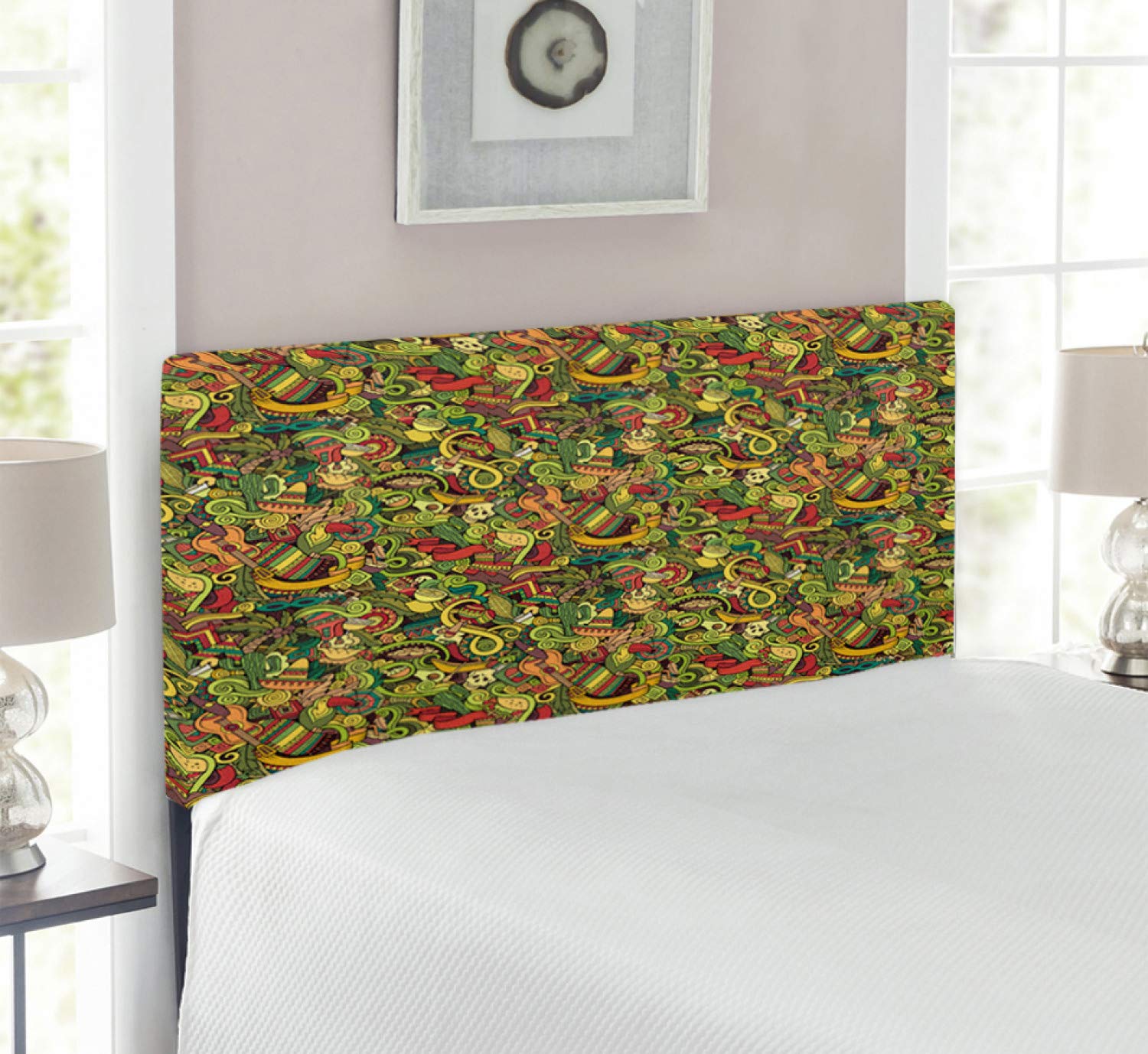 Ambesonne Mexican Cartoon Hand-Drawn Headboard - Latin American Style Upholstered Metal Bed Frame with Memory Foam - Twin Size Multicolor Doodle Design - Perfect for Kids' Rooms & Cultural Themed Bedrooms